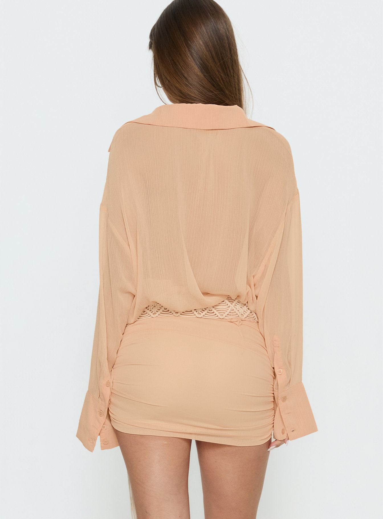 Moonrising Long Sleeve Sheer Blouson Mini Dress Soft Orange - Image 5