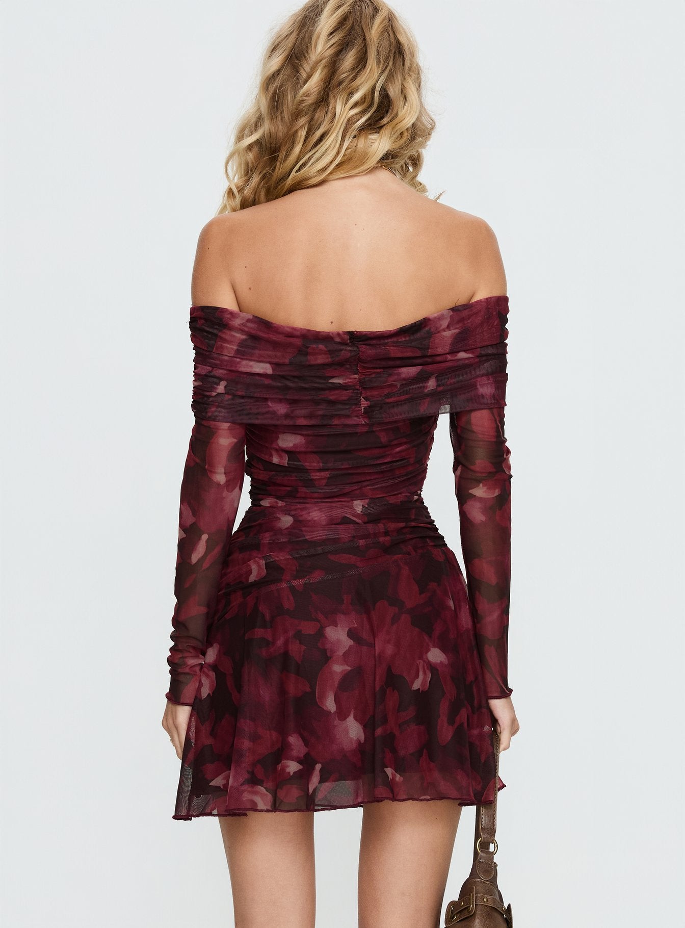 Marrissa Off Shoulder Long Sleeve Mini Dress Burgundy Floral - Image 4