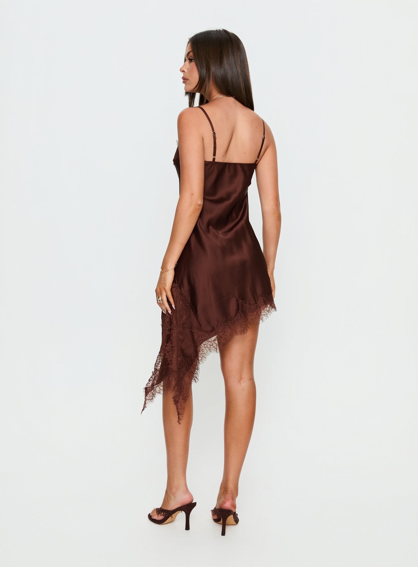 Malakhai Lace Asymmetrical Mini Dress Chocolate - Image 5