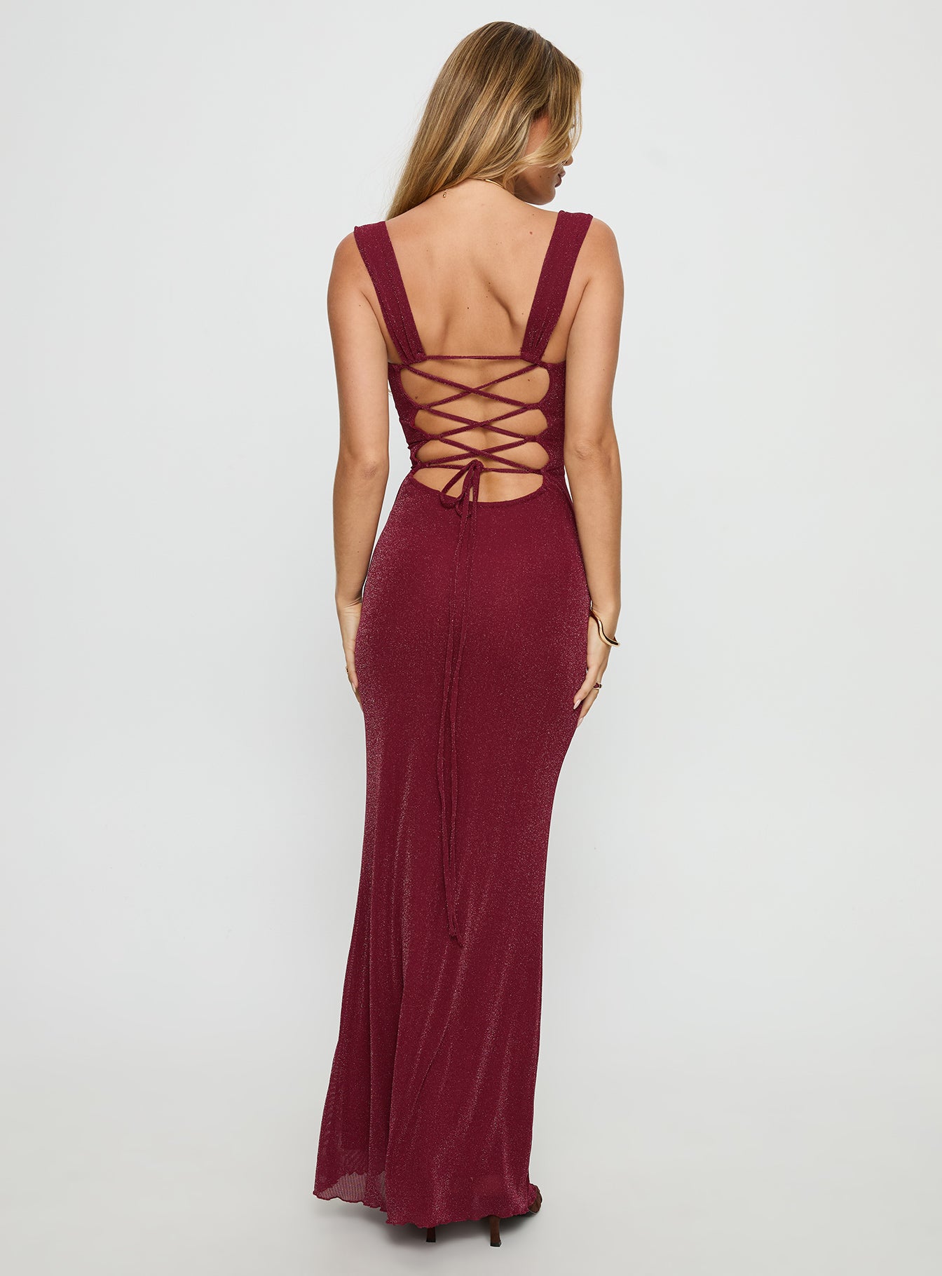 Crisanto Tie Up Ruched Maxi Dress Burgundy - Image 5