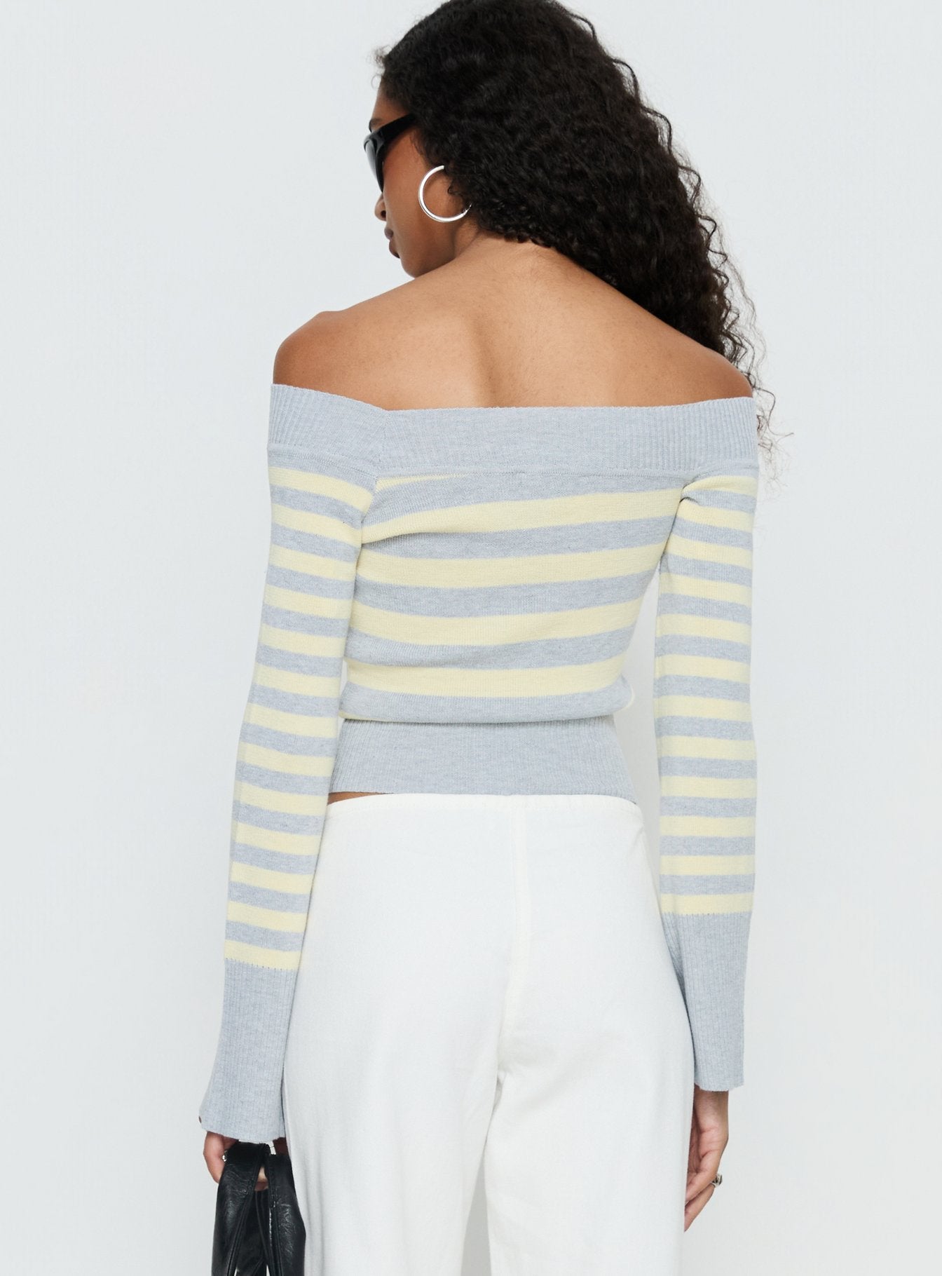 Perrey Long Sleeve Off Shoulder Top Knit Yellow / Grey Stripe - Image 5