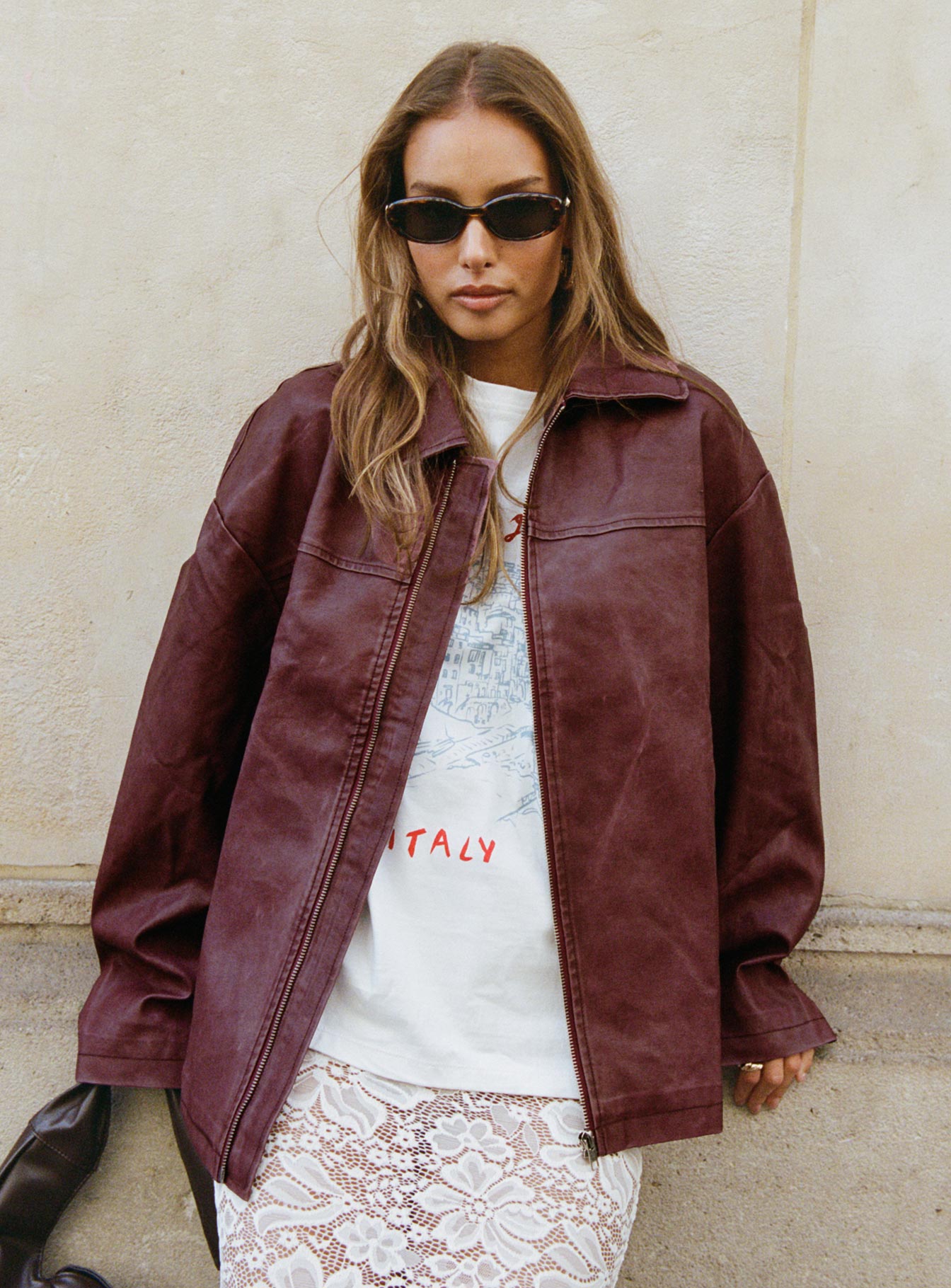 Napoleon Faux Leather Jacket Burgundy - Image 4