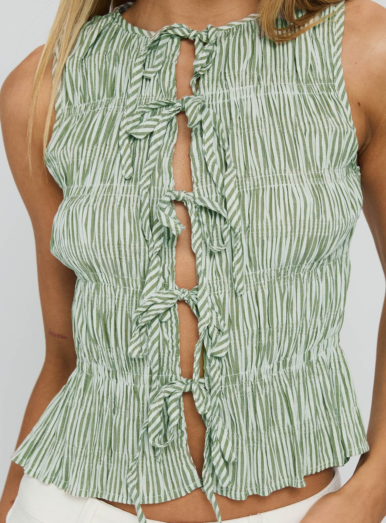 Apero Shirred Tie Front Top Green / White Stripe - Image 6