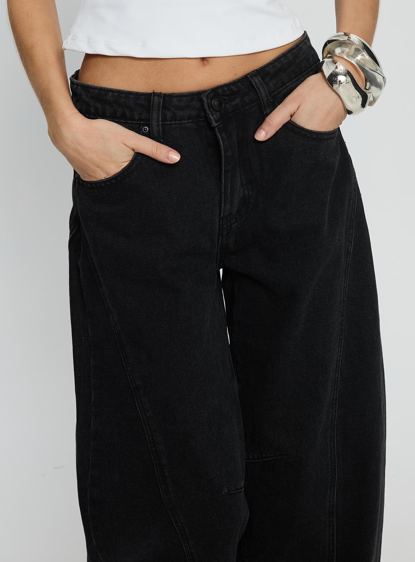 Lost Track Mid Rise Barrel Leg Jeans Washed Black - Image 6