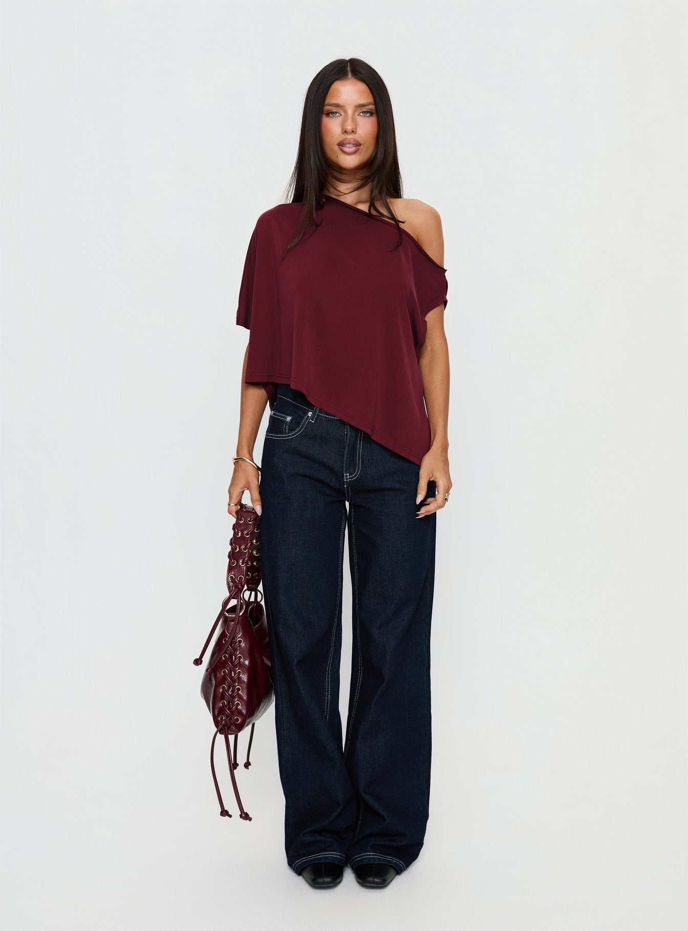 Passerby Asymmetrical Off Shoulder Top Burgundy - Image 7