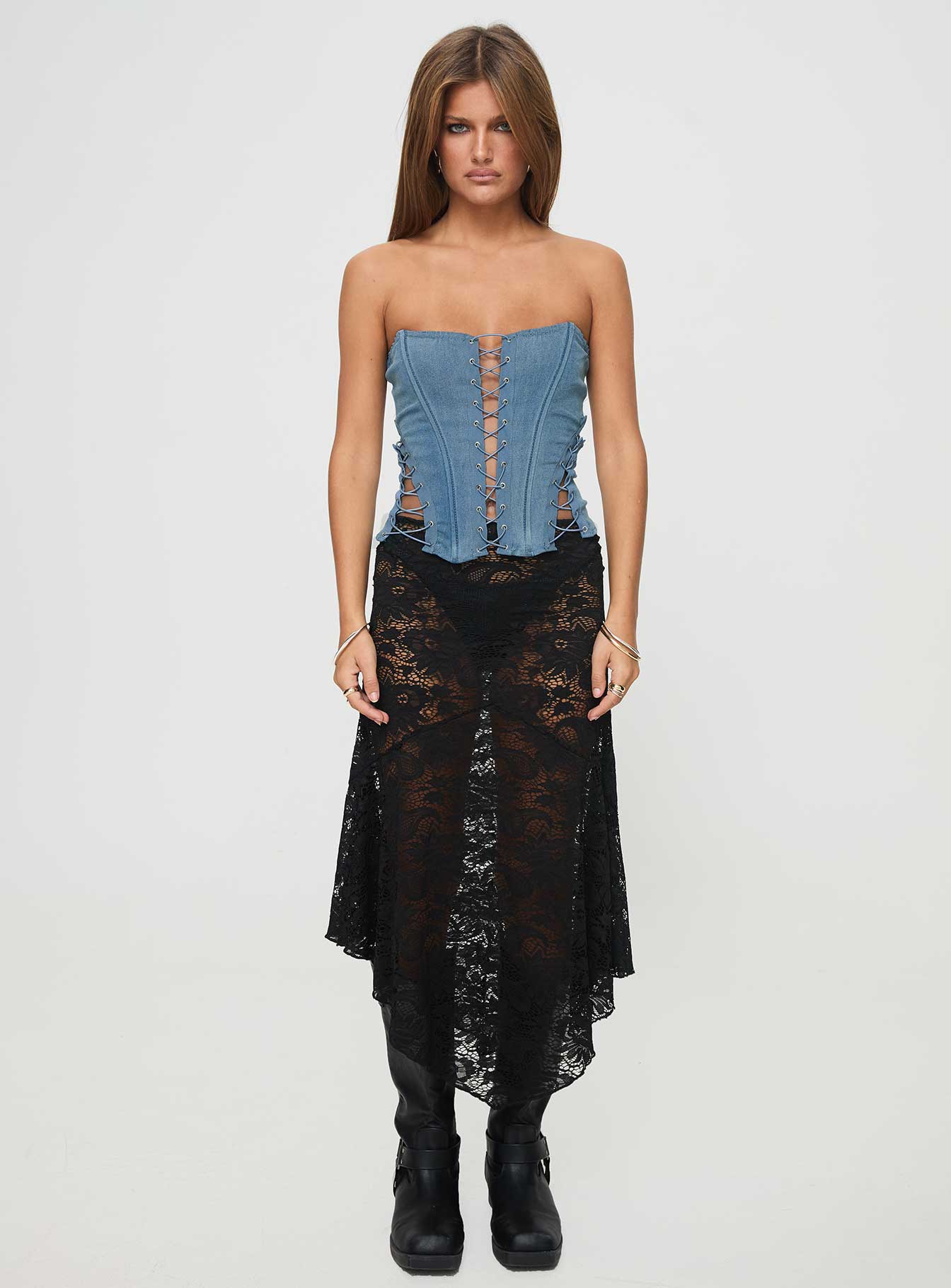 Eden Lace Up Corset Denim Mid Wash - Image 7