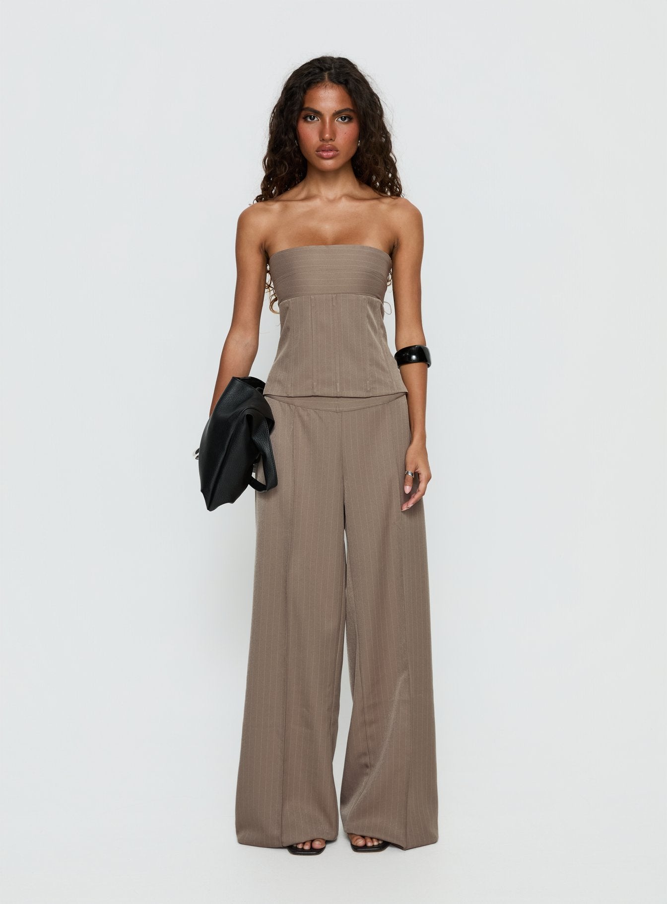 Madelle Mid Rise Straight Leg Pants Brown Pinstripe - Image 7