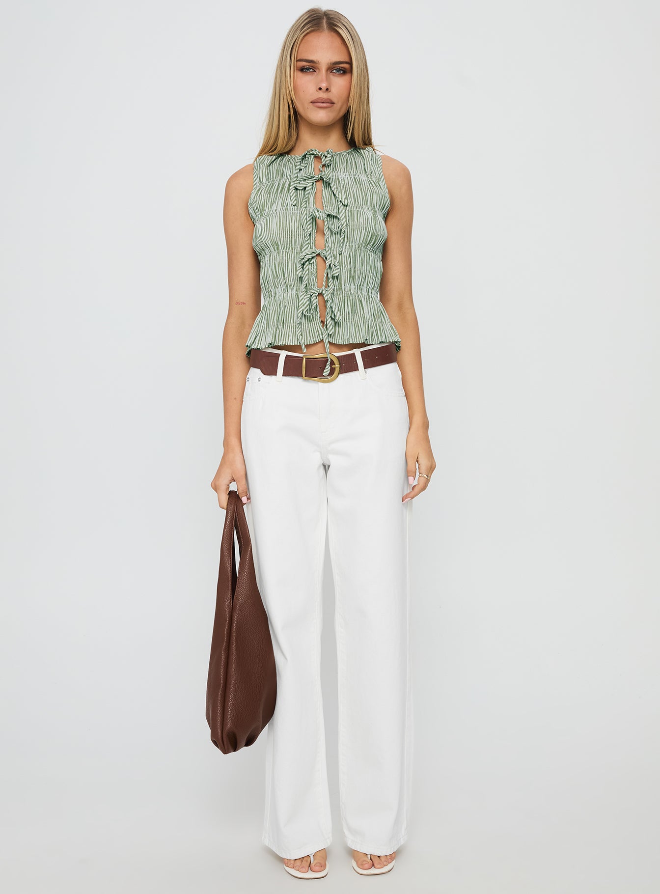 Apero Shirred Tie Front Top Green / White Stripe - Image 7