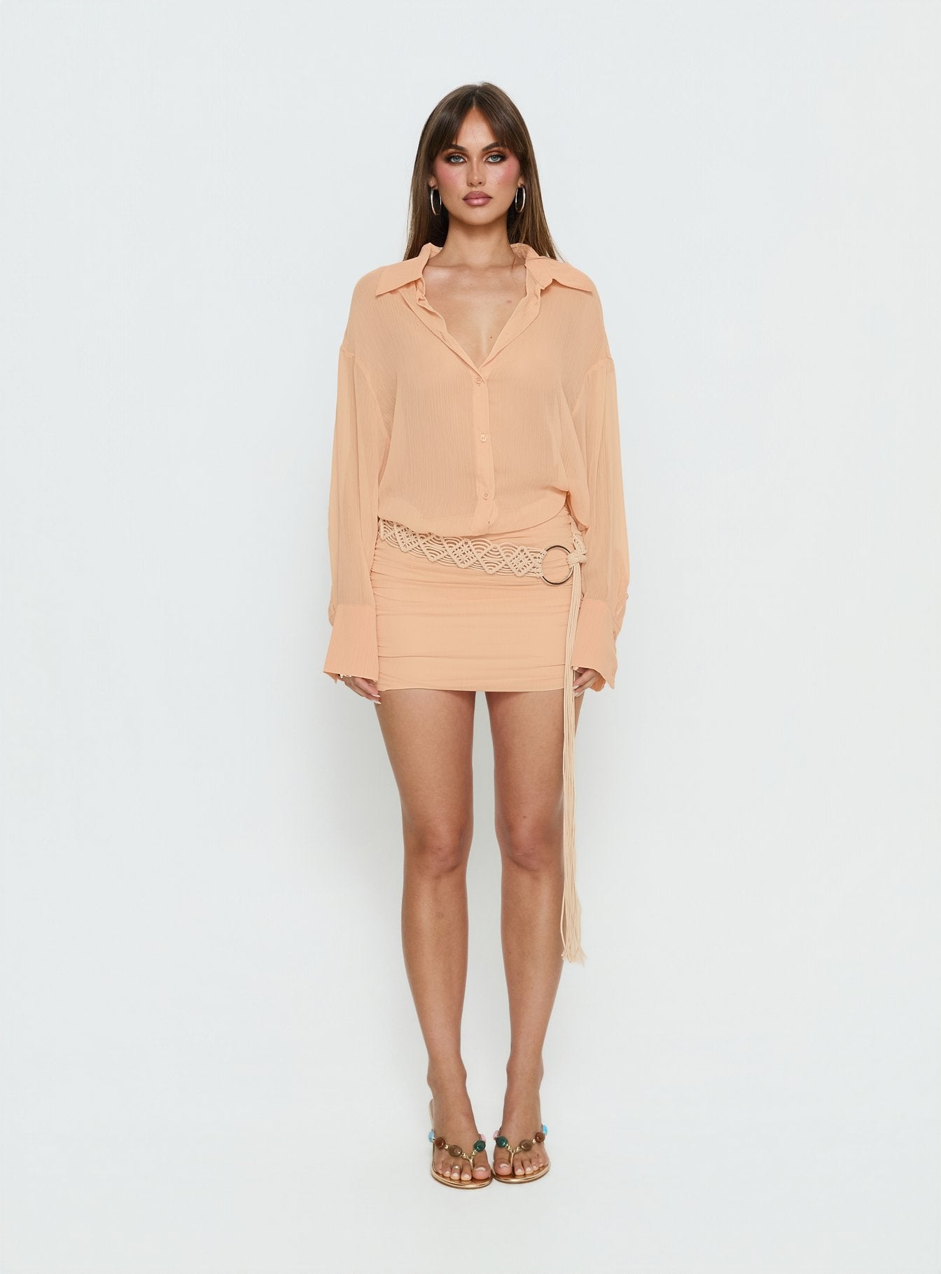 Moonrising Long Sleeve Sheer Blouson Mini Dress Soft Orange - Image 7