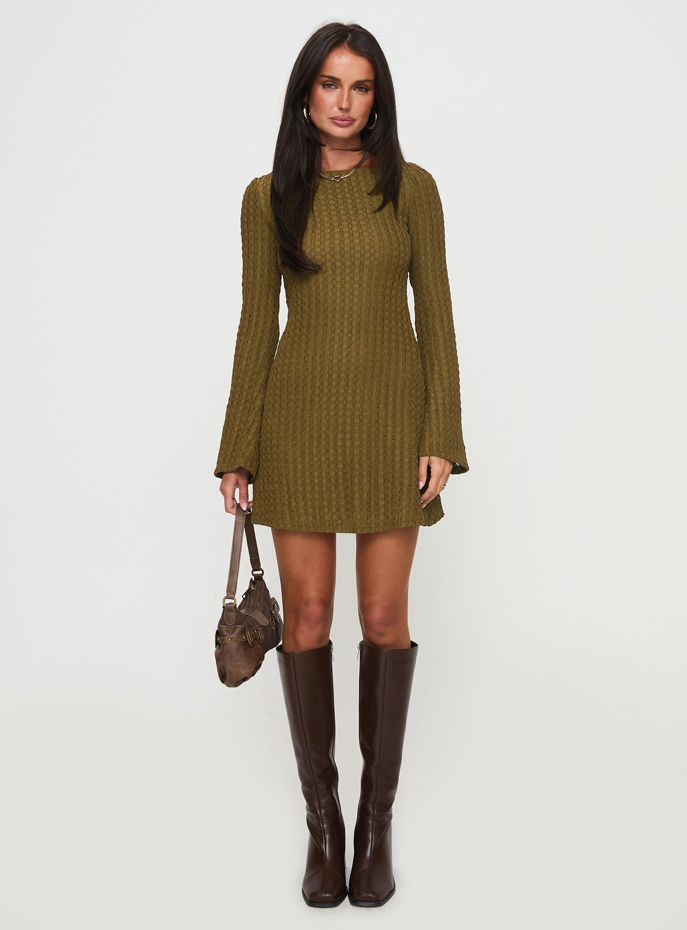 Lukea Long Sleeve Ribbed Mini Dress Olive - Image 7