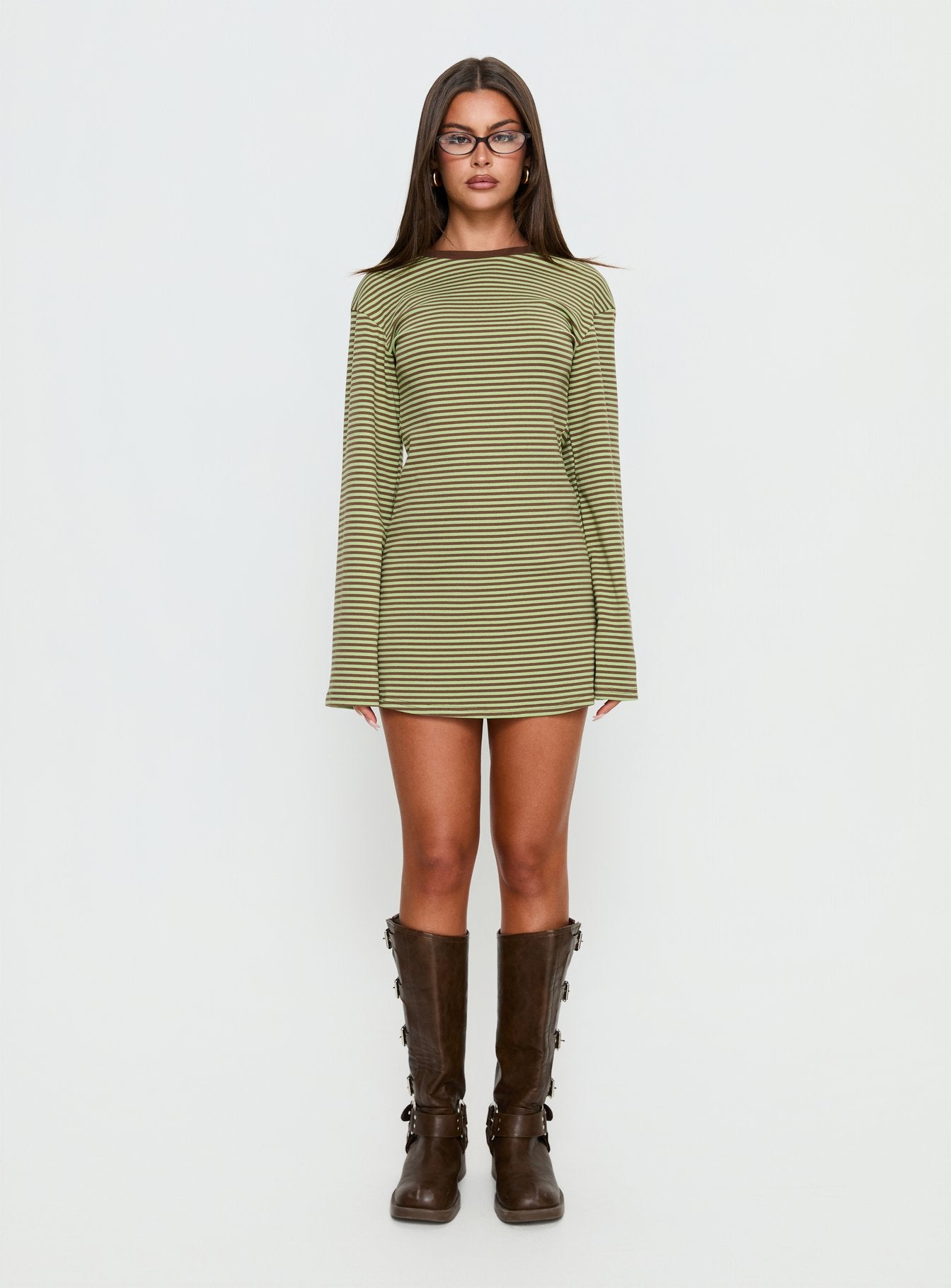Lulolah Long Sleeve Mini Dress Green / Chocolate Stripe - Image 7