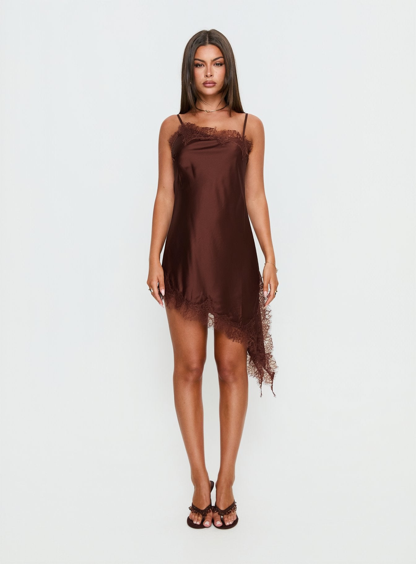 Malakhai Lace Asymmetrical Mini Dress Chocolate - Image 7
