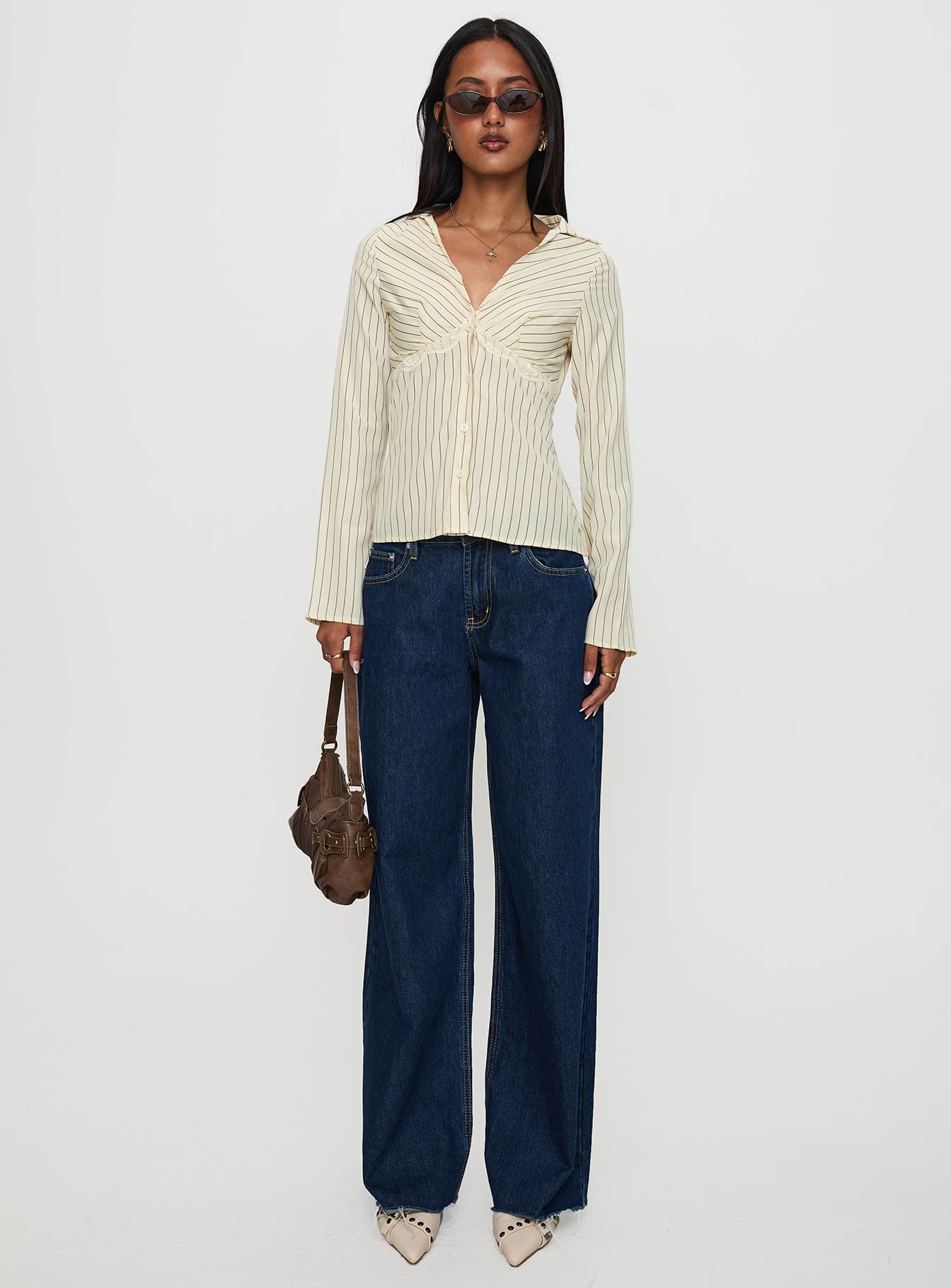Life Begins Long Sleeve Lace Trim Top Cream Stripe - Image 7