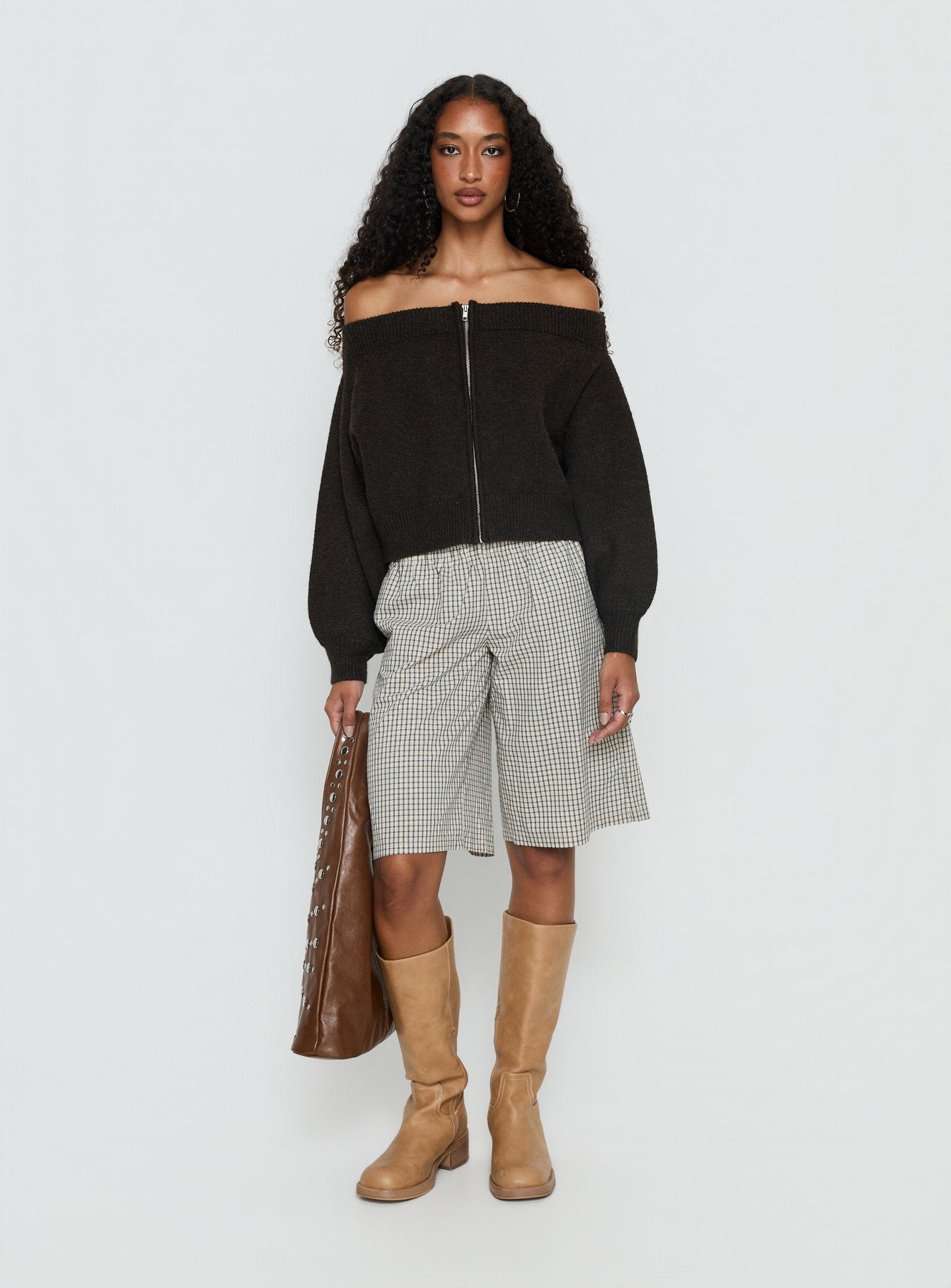 Ortensa Off Shoulder Zip Through Jumper Brown - Image 7