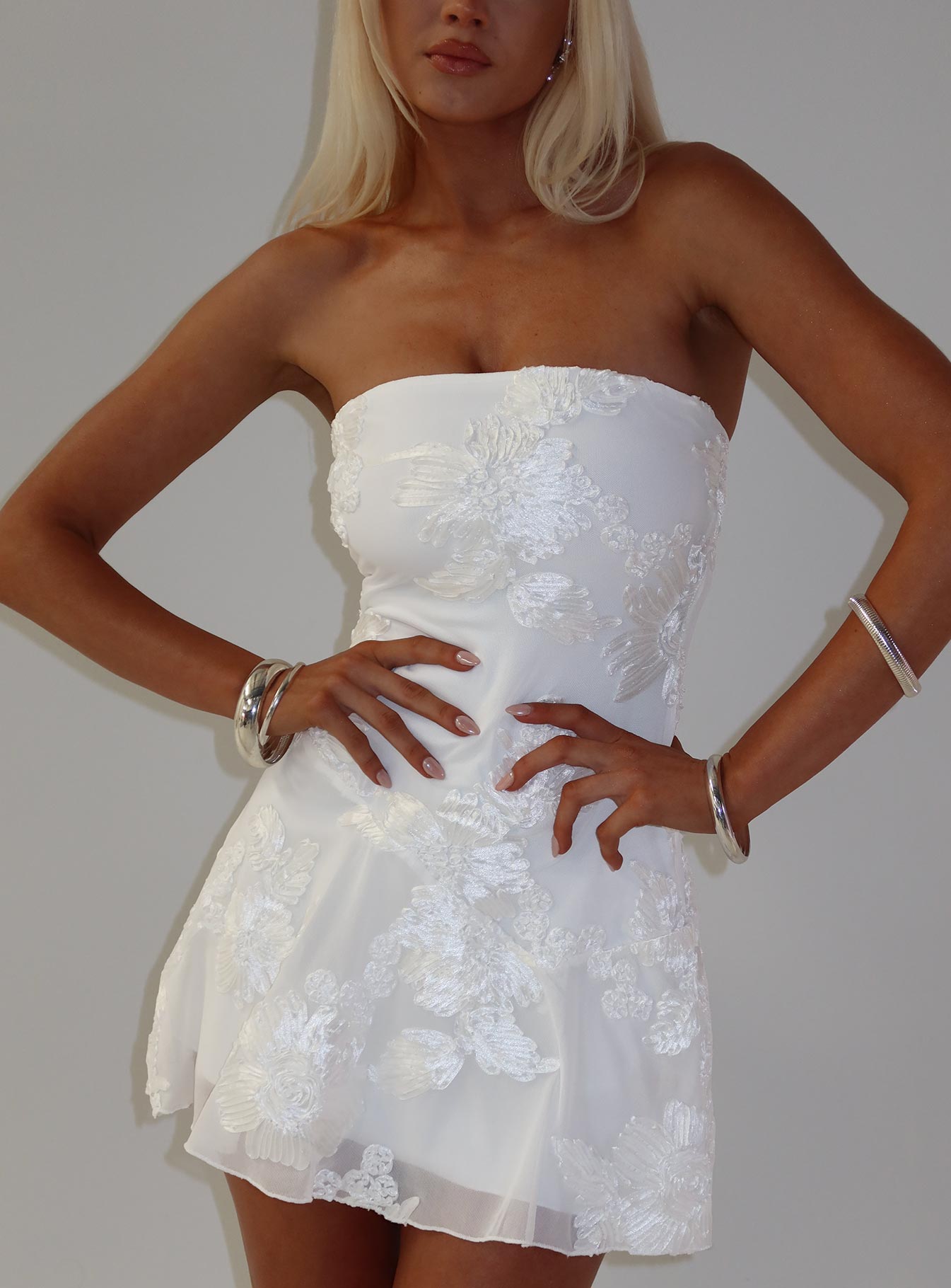 Meadow Of Dreams Strapless Mini Dress White Floral Burnout