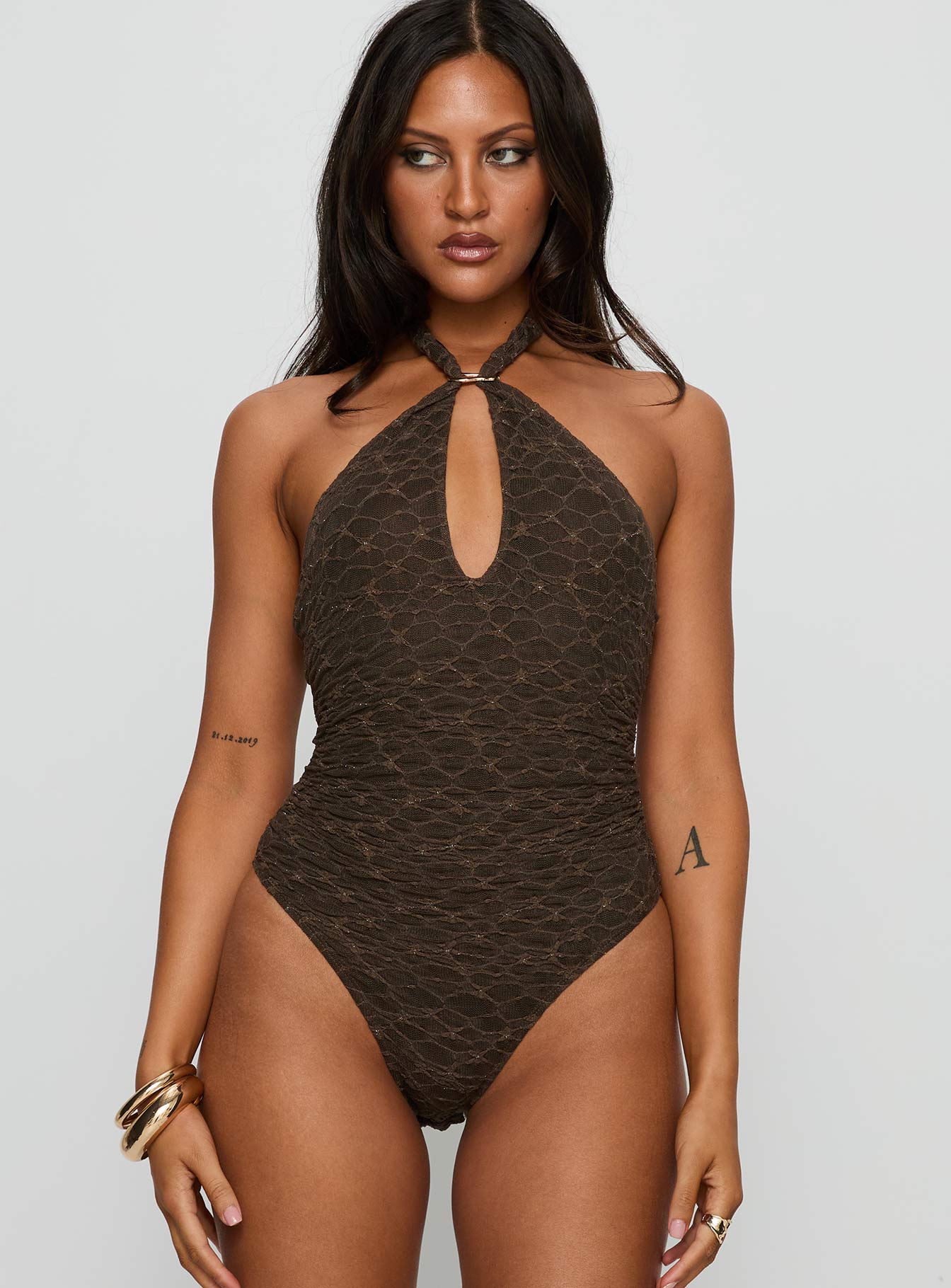 Libbey Hardware Detail Textured Bodysuit Brown - Image 7