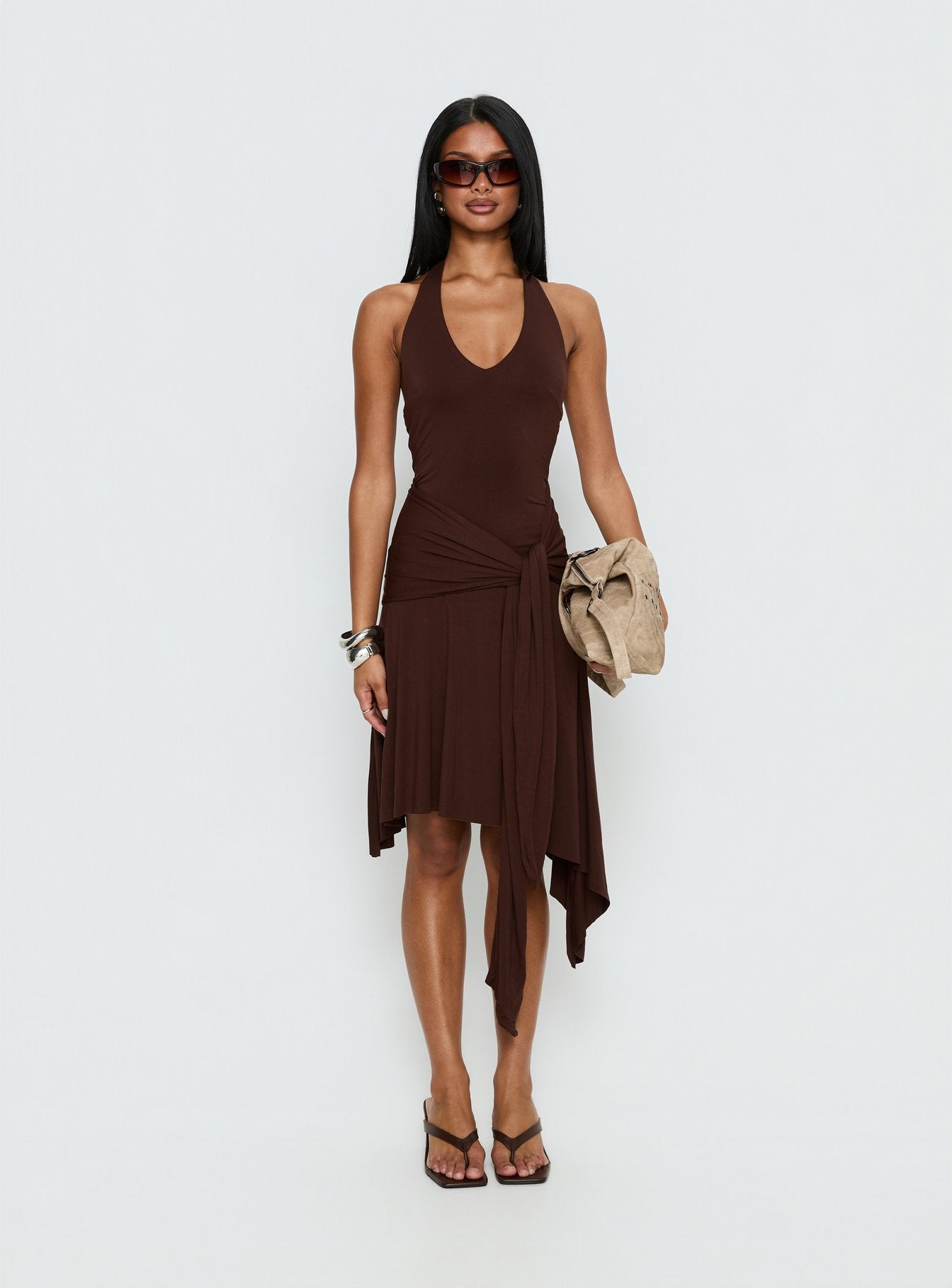 Moonlit Honey Asymmetrical Halter Jersey Midi Dress Chocolate - Image 9