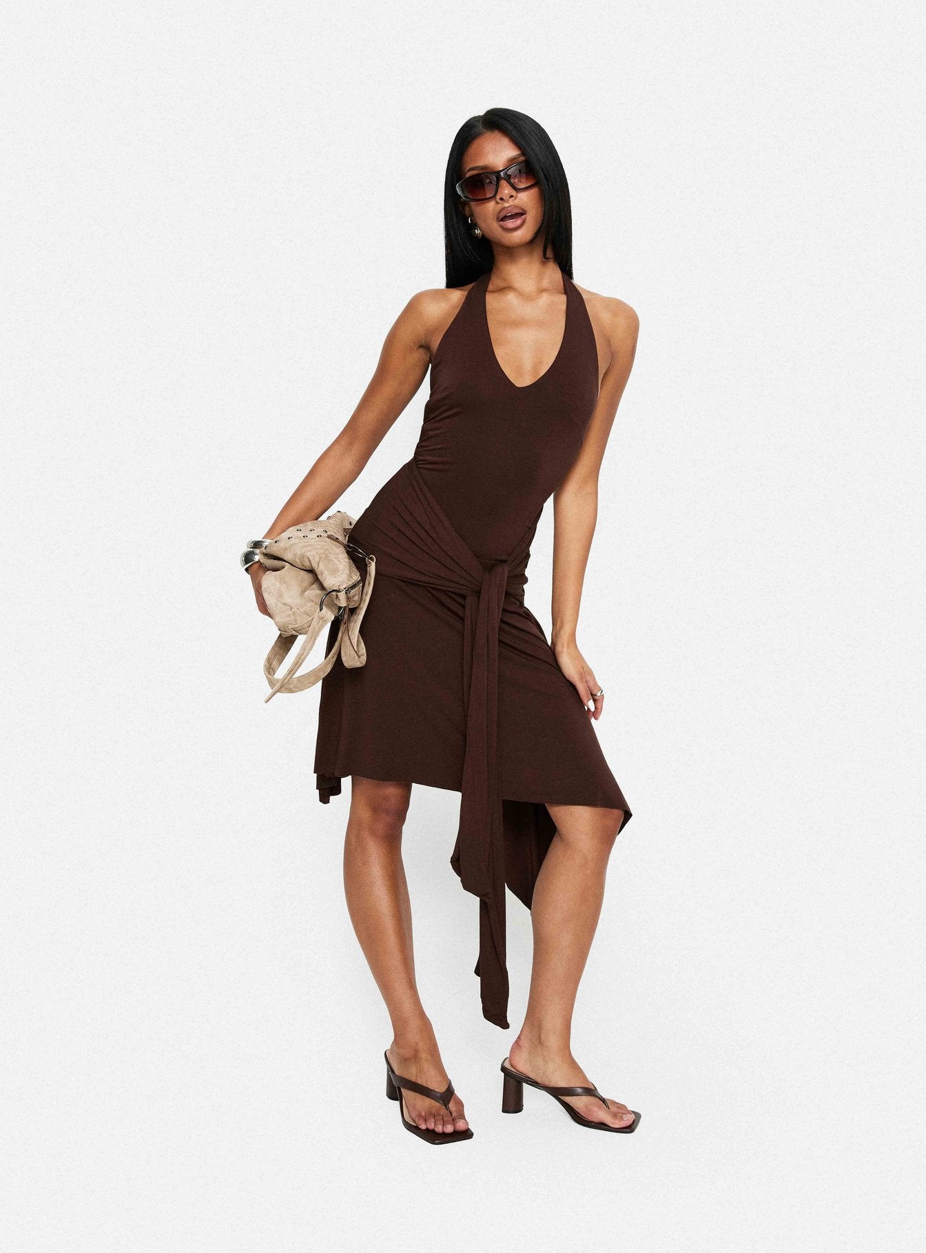Moonlit Honey Asymmetrical Halter Jersey Midi Dress Chocolate - Image 8