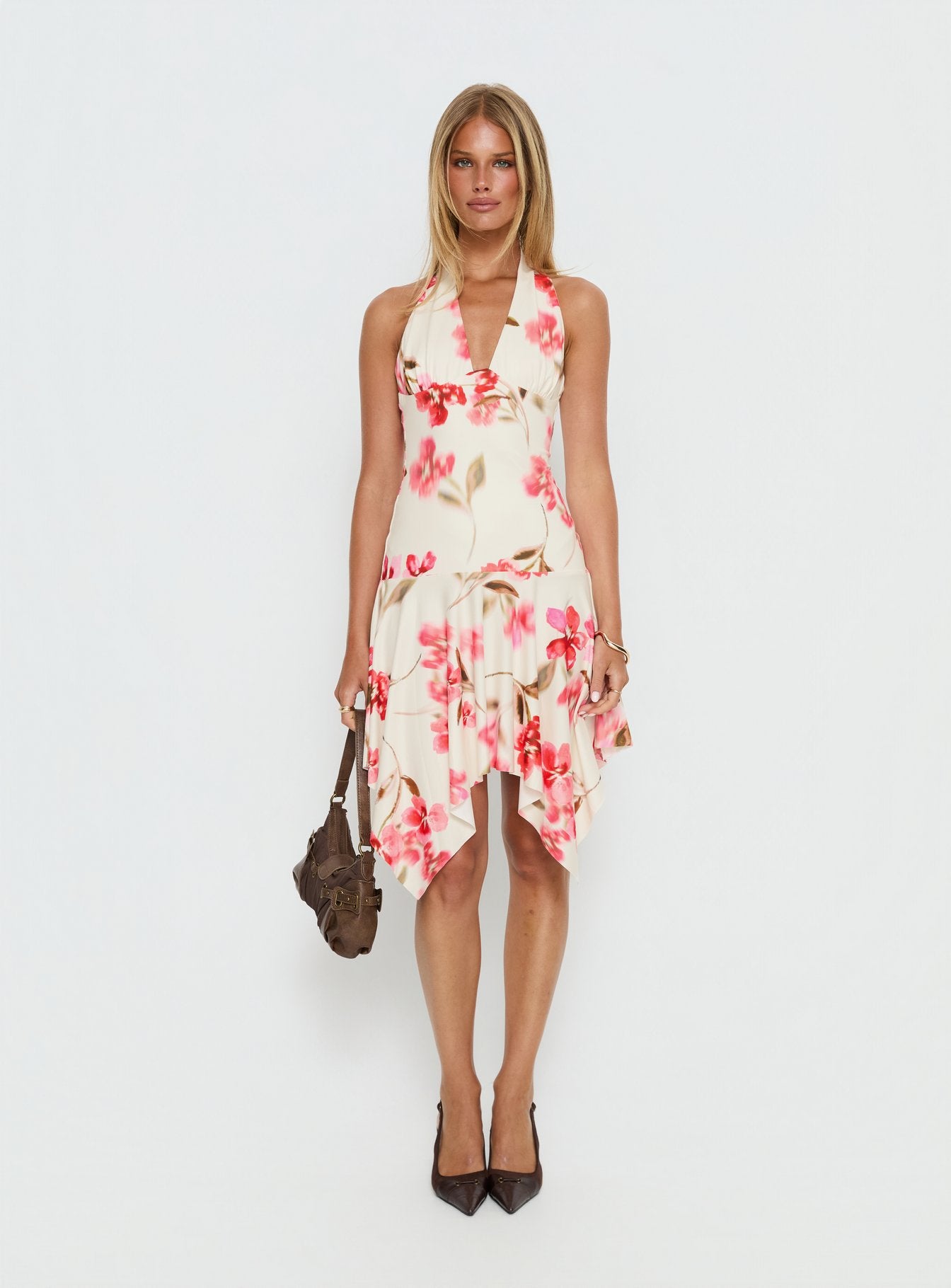Loreza Halter Asymmetrical Midi Dress Cream Floral - Image 8