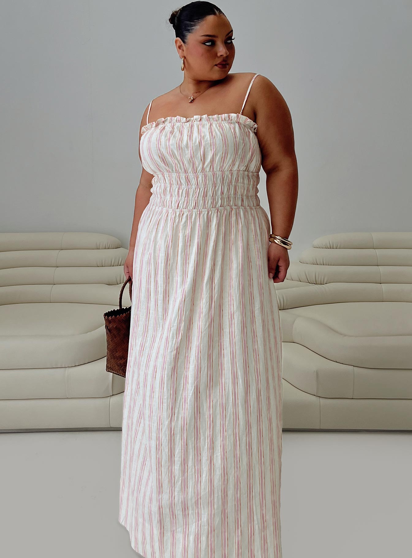 Persephone Shirring Linen Maxi Dress Pink Stripe Curve - Image 8