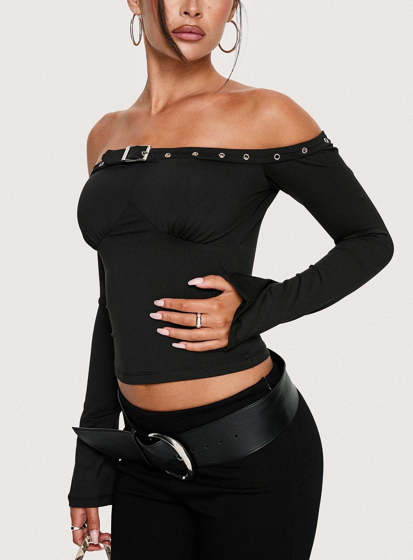 Mansa Off Shoulder Buckle Detail Top Black - Image 8