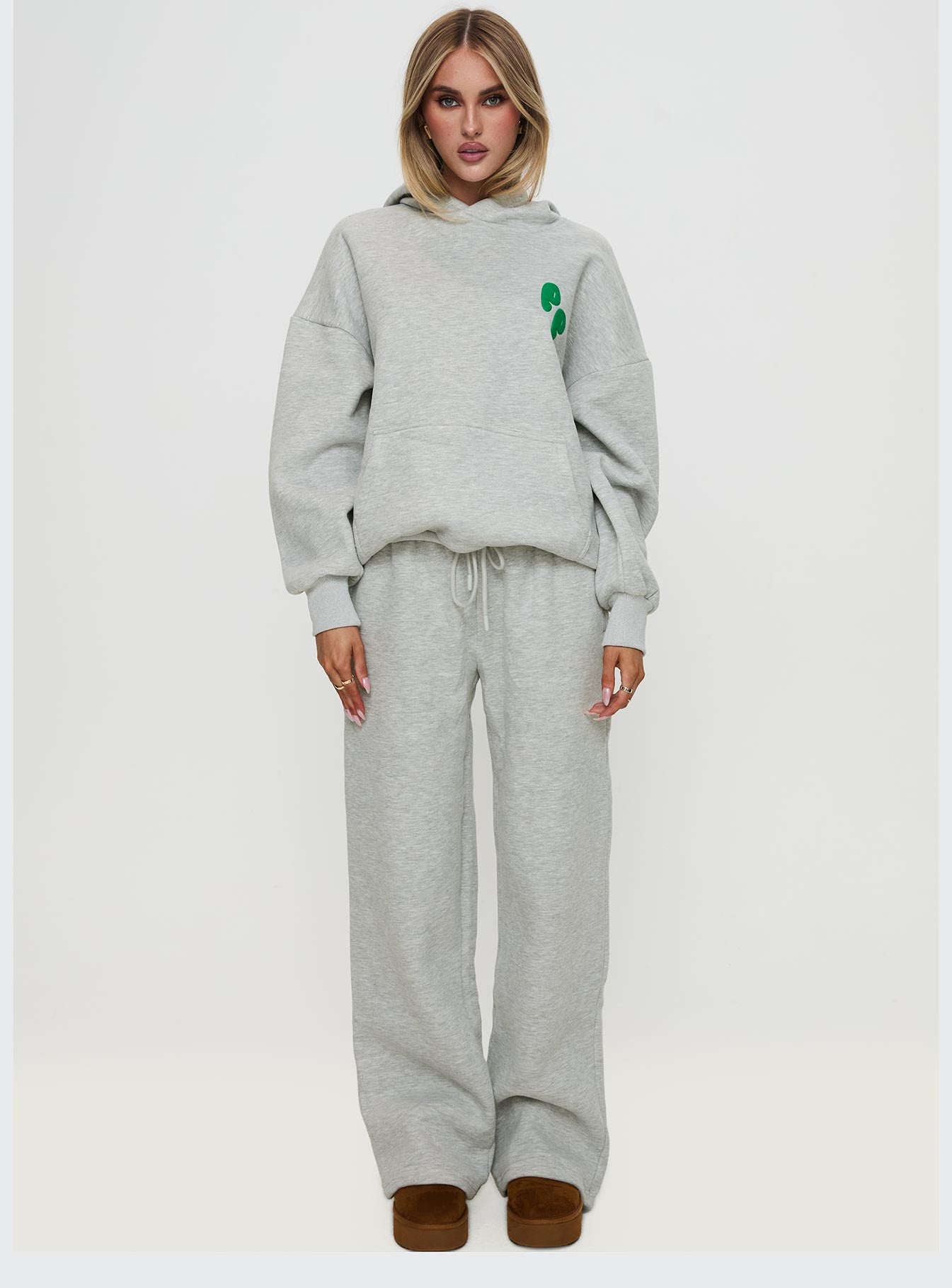 Princess Polly Wide Leg Track Pant Bubble Text Grey Marle / Green - Image 6