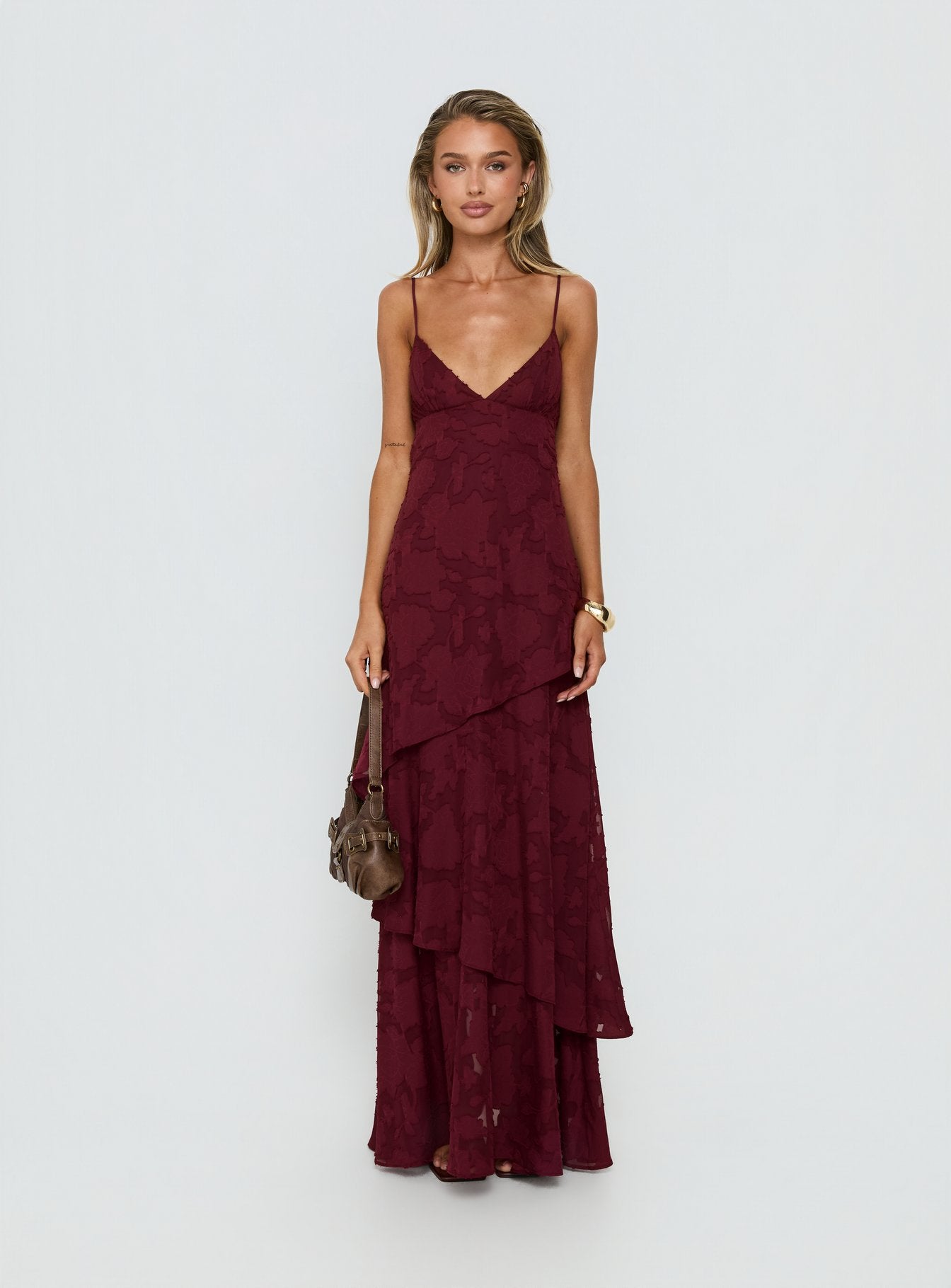 Lyricah Tiered Tie Back Maxi Dress Burgundy - Image 9