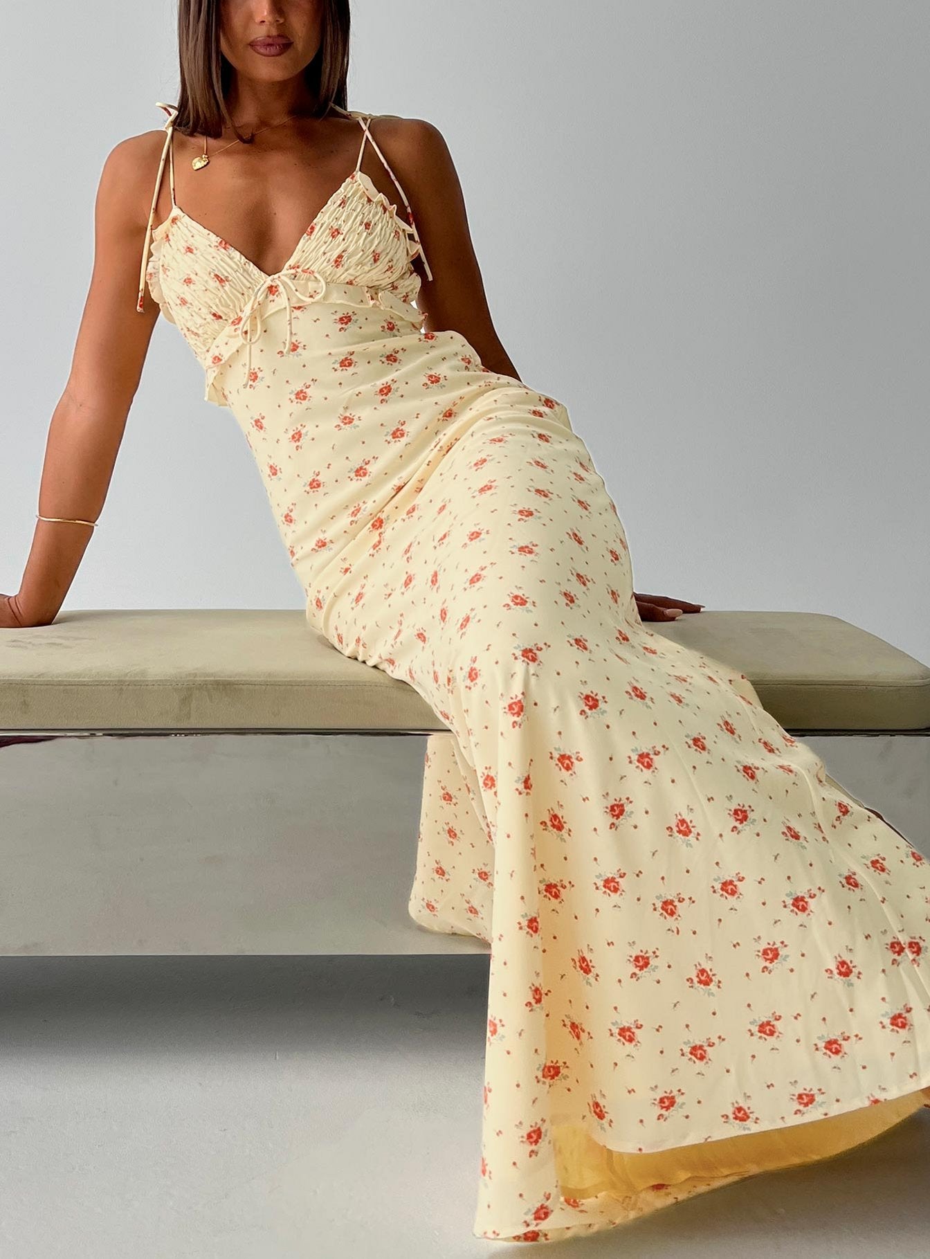 Morcar Frill V Neck Maxi Dress Yellow Floral - Image 9