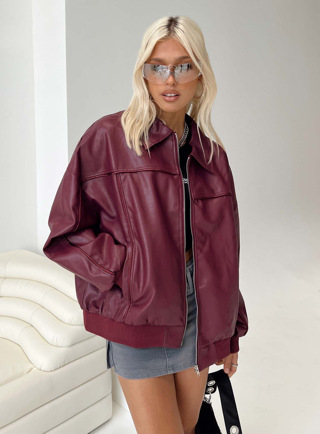 Goldsmith Faux Leather Bomber Jacket Burgundy - Image 6