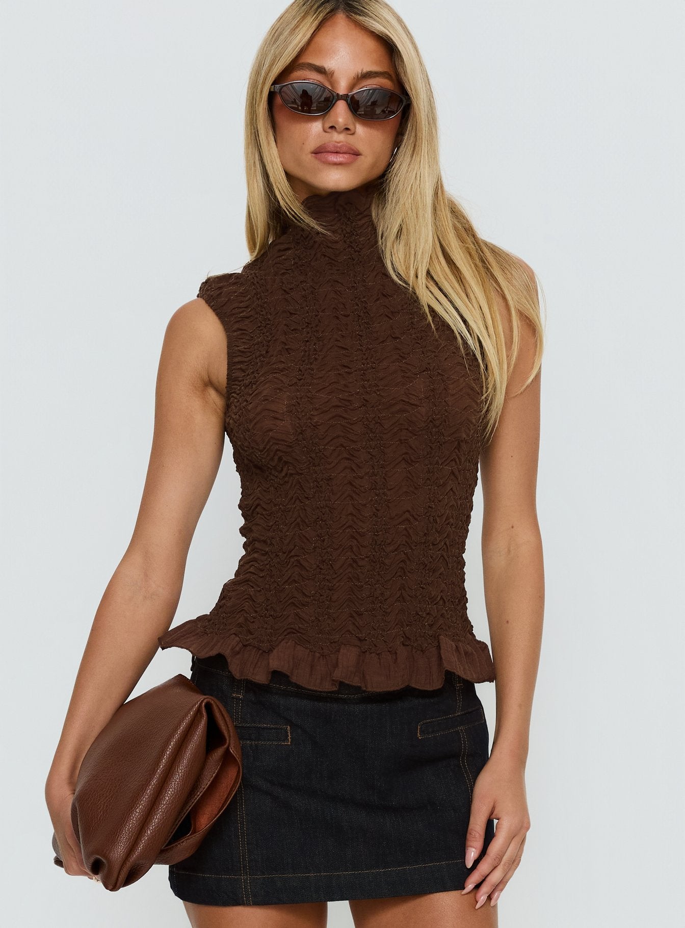 Alternative view of Danira High Neck Textured Top Brown