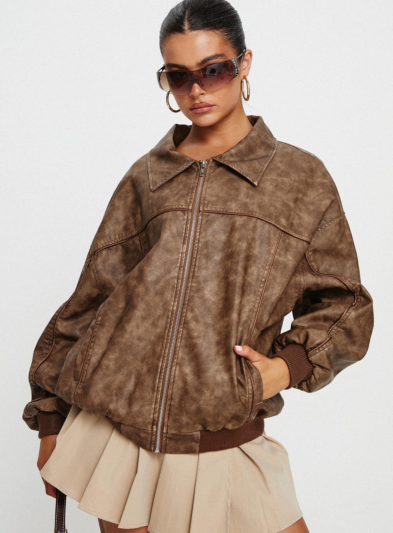 Alternative view of Goldsmith Faux Leather Bomber Jacket Washed Brown