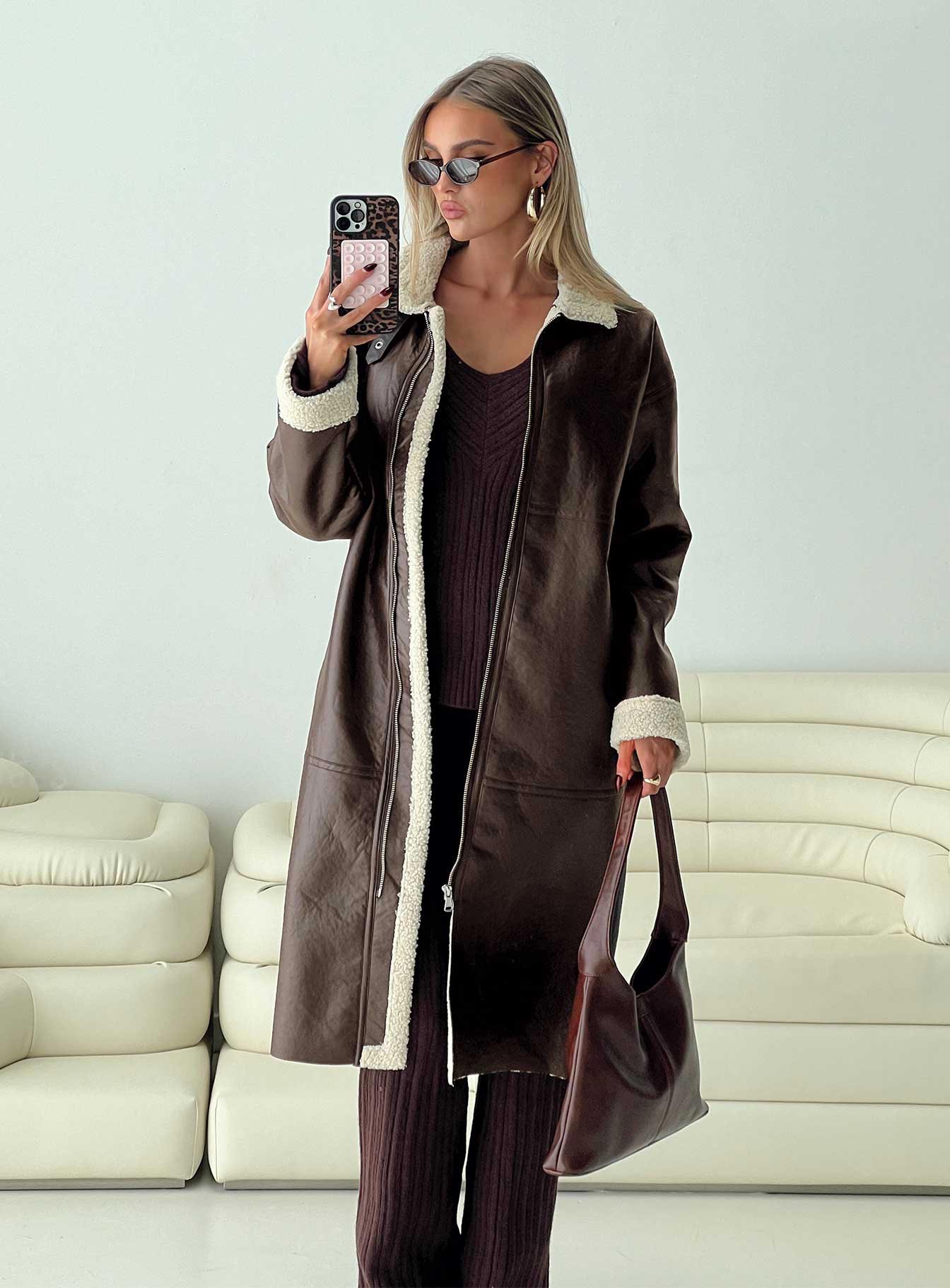 Ammelia Shearling Long-Line Jacket Brown