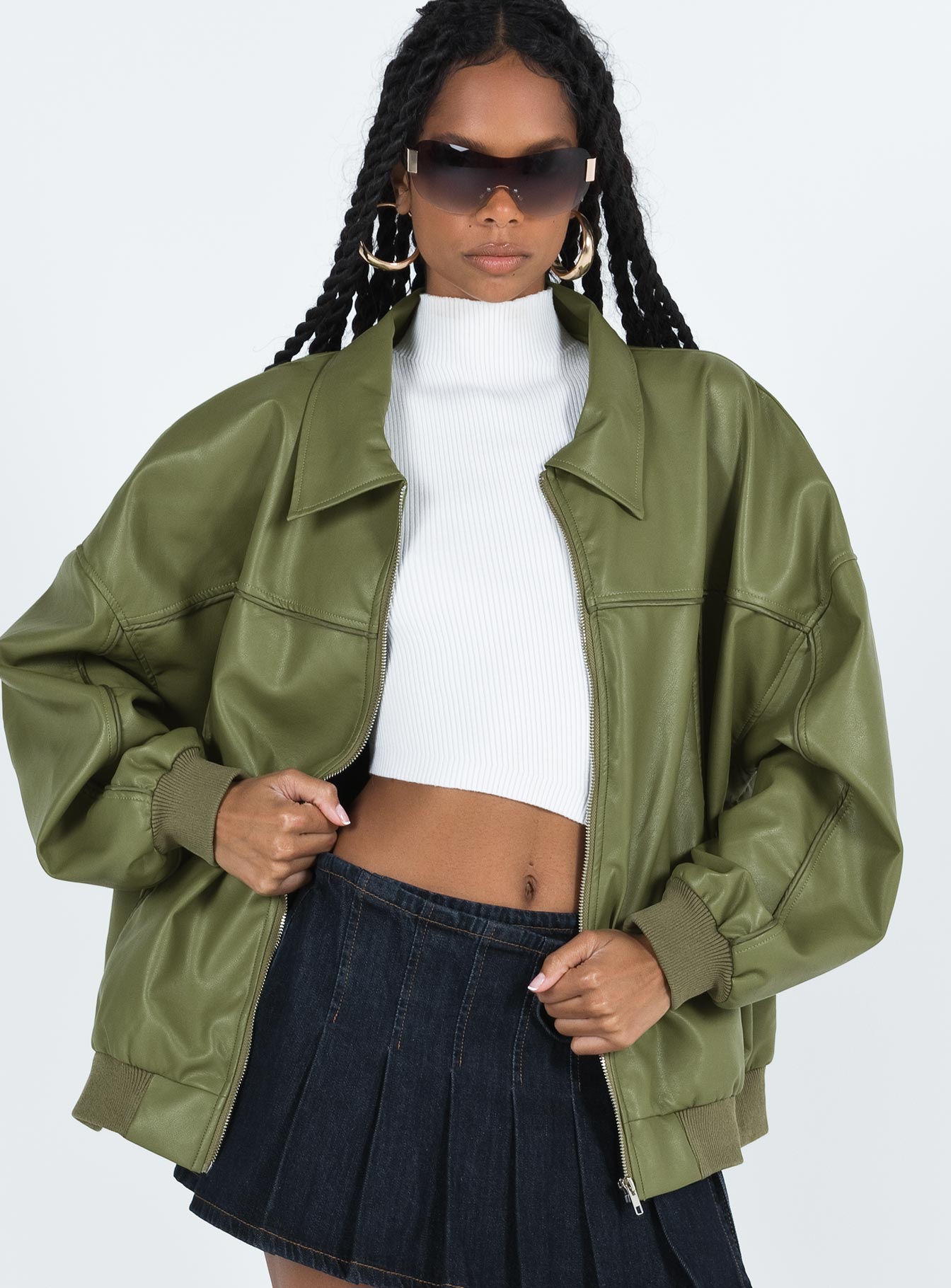 Alternative view of Goldsmith Faux Leather Bomber Jacket Green