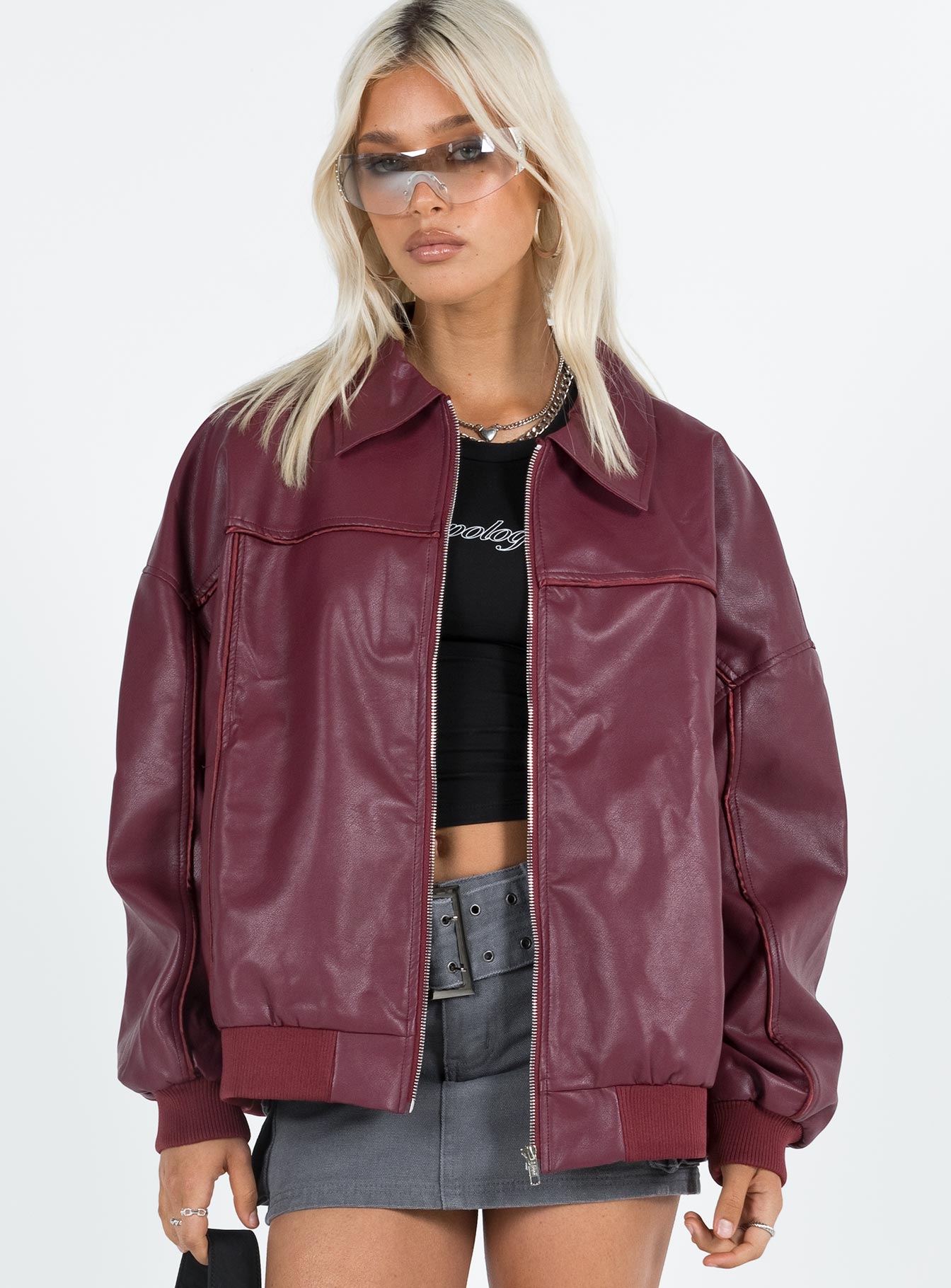 Alternative view of Goldsmith Faux Leather Bomber Jacket Burgundy