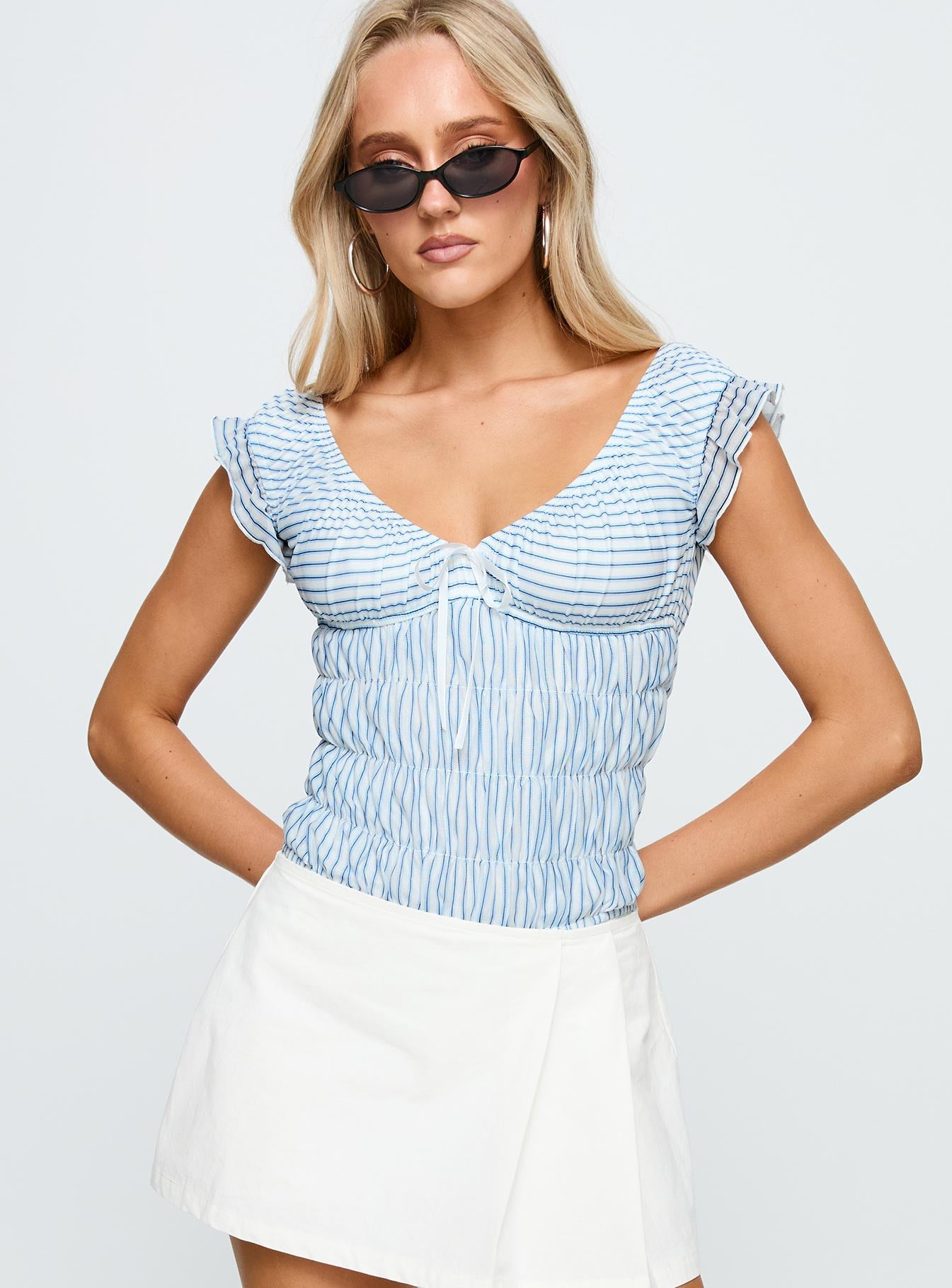 Alternative view of Ahead Of Myself Off Shoulder Bodysuit Blue Stripe