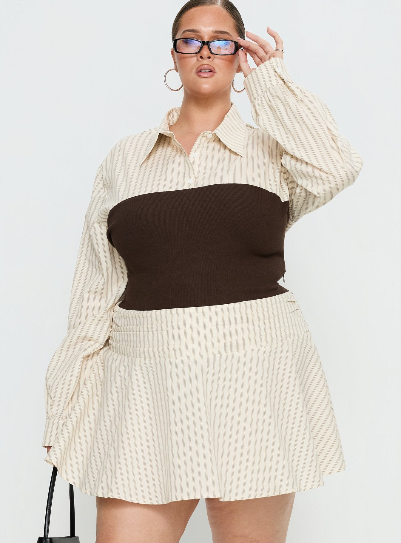 Alternative view of Belva Long Sleeve Corset Shirt Mini Dress Brown Stripe Curve