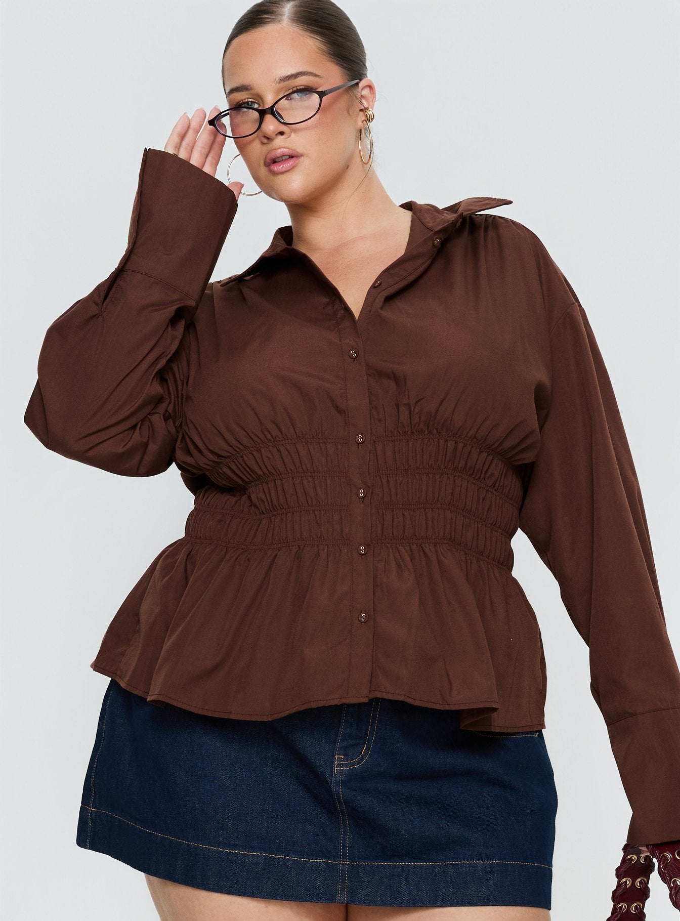 Alternative view of As You Are Shirred Button Up Top Chocolate Curve