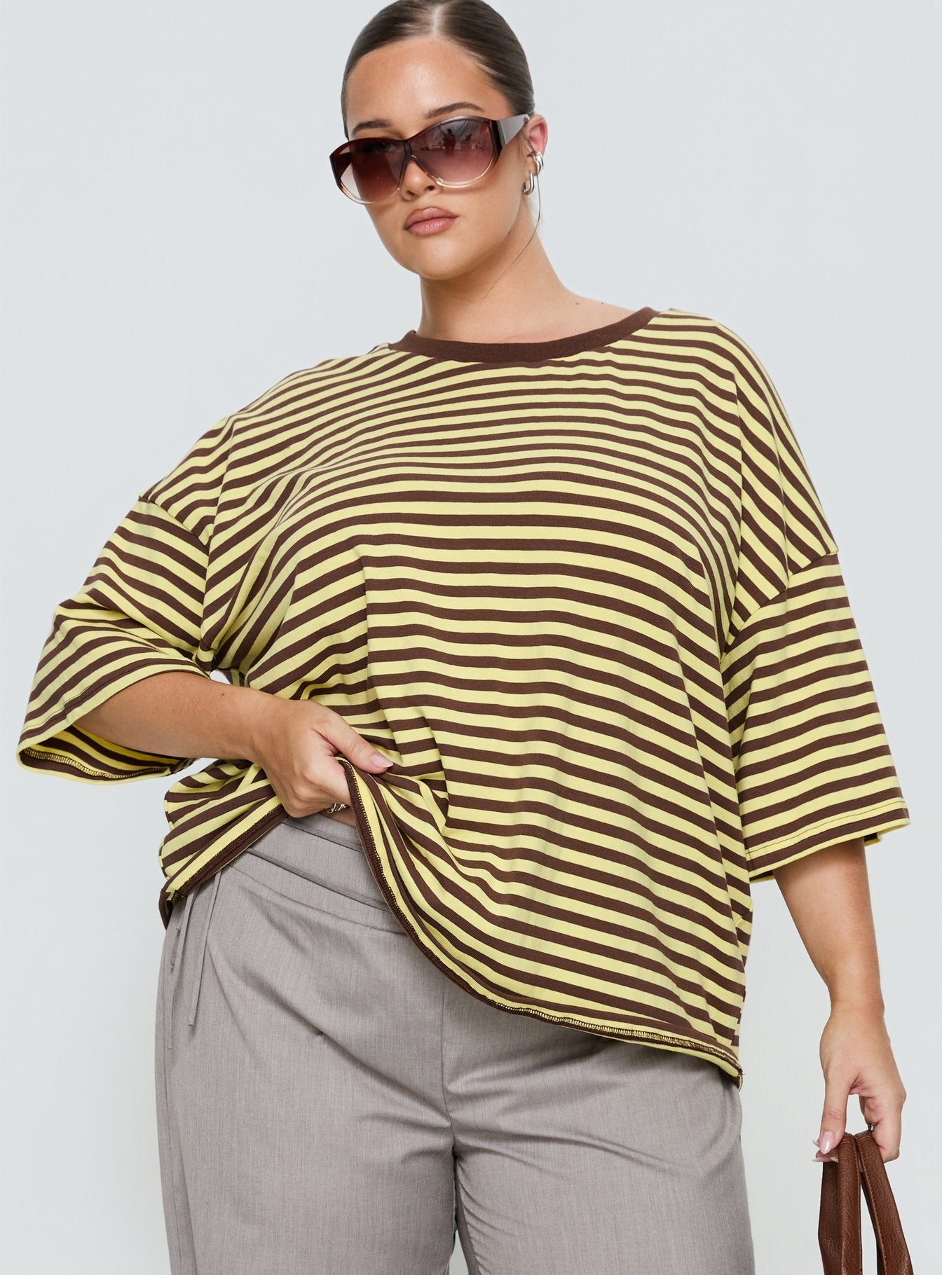 Alternative view of Settle Down Short Sleeve Top Yellow / Brown Stripe Curve