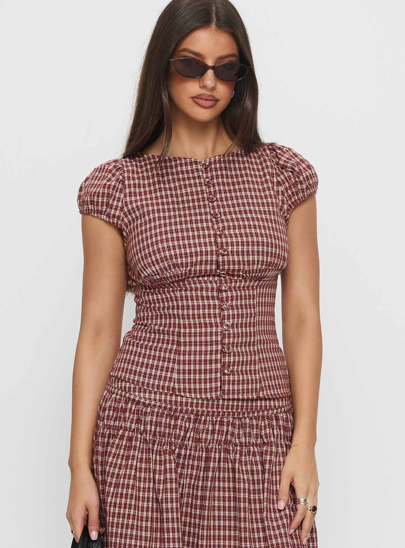 Alternative view of Alixandra Puff Sleeve Blouse Top Red Check