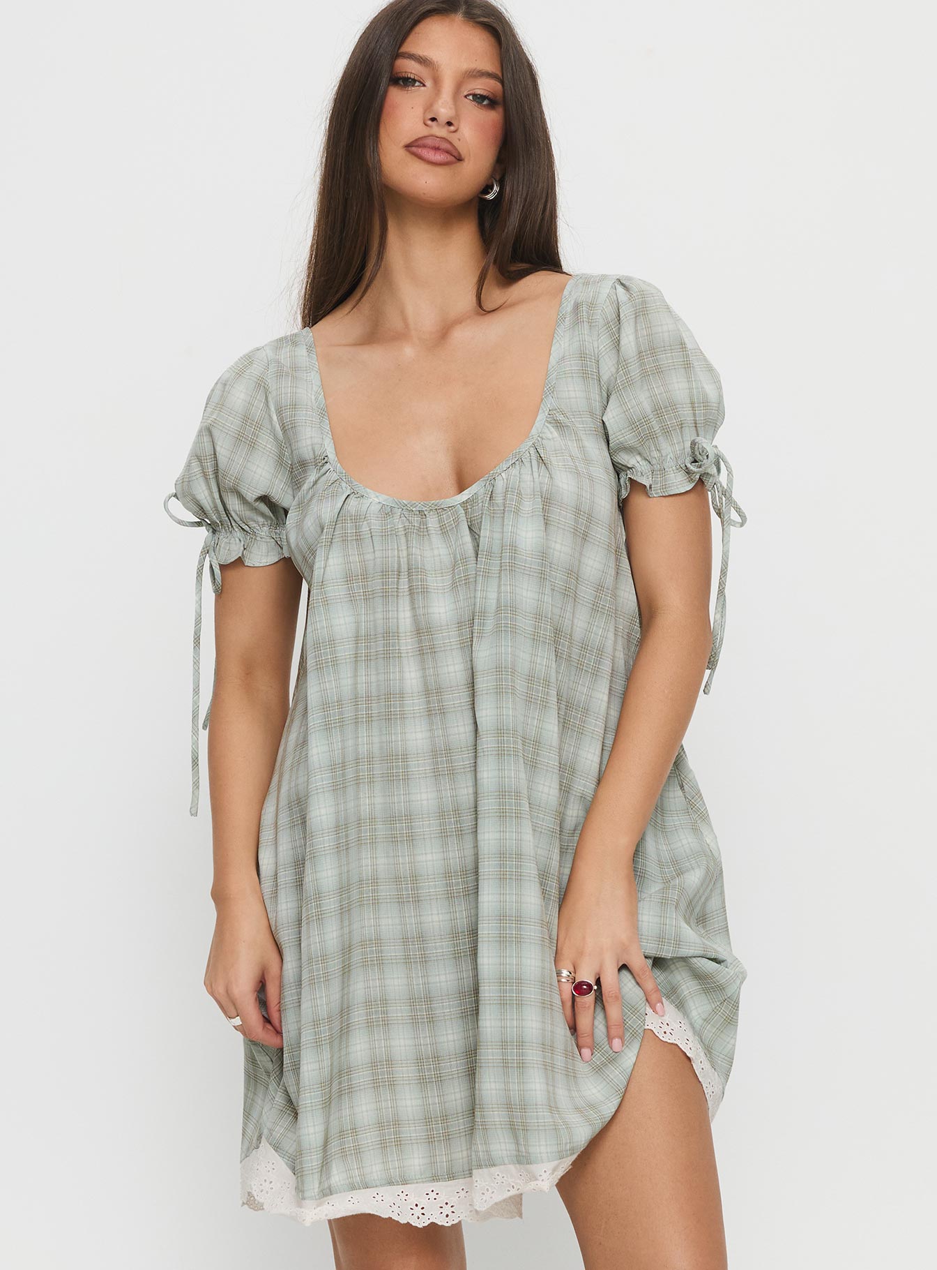 Alternative view of Embracing Puff Sleeve Swing Mini Dress Blue Check