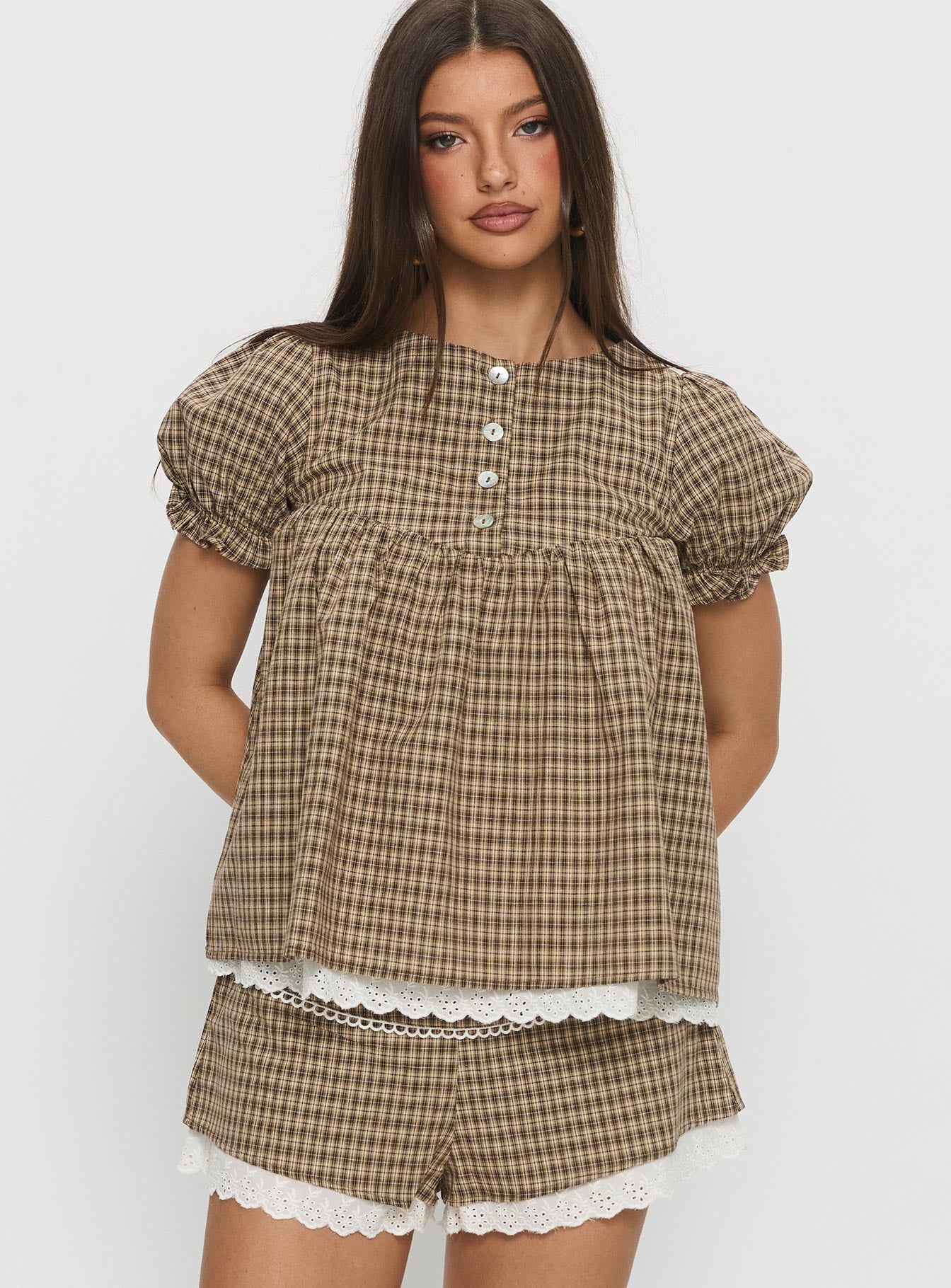 Alternative view of Chandelier Babydoll Top Brown Check