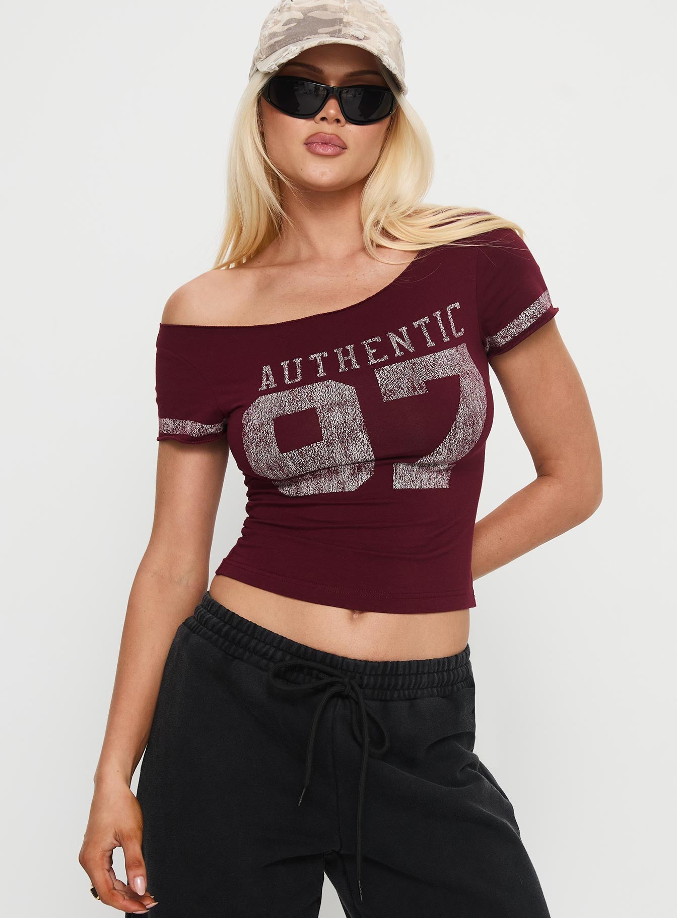 Alternative view of 97 Authentic Off Shoulder Graphic Top Maroon