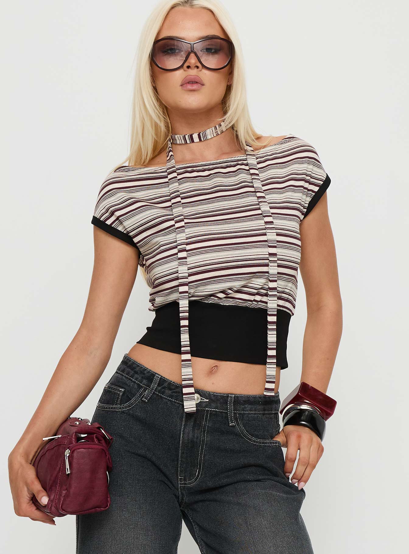 Alternative view of Amantha Scarf Detail Off Shoulder Top Stripe