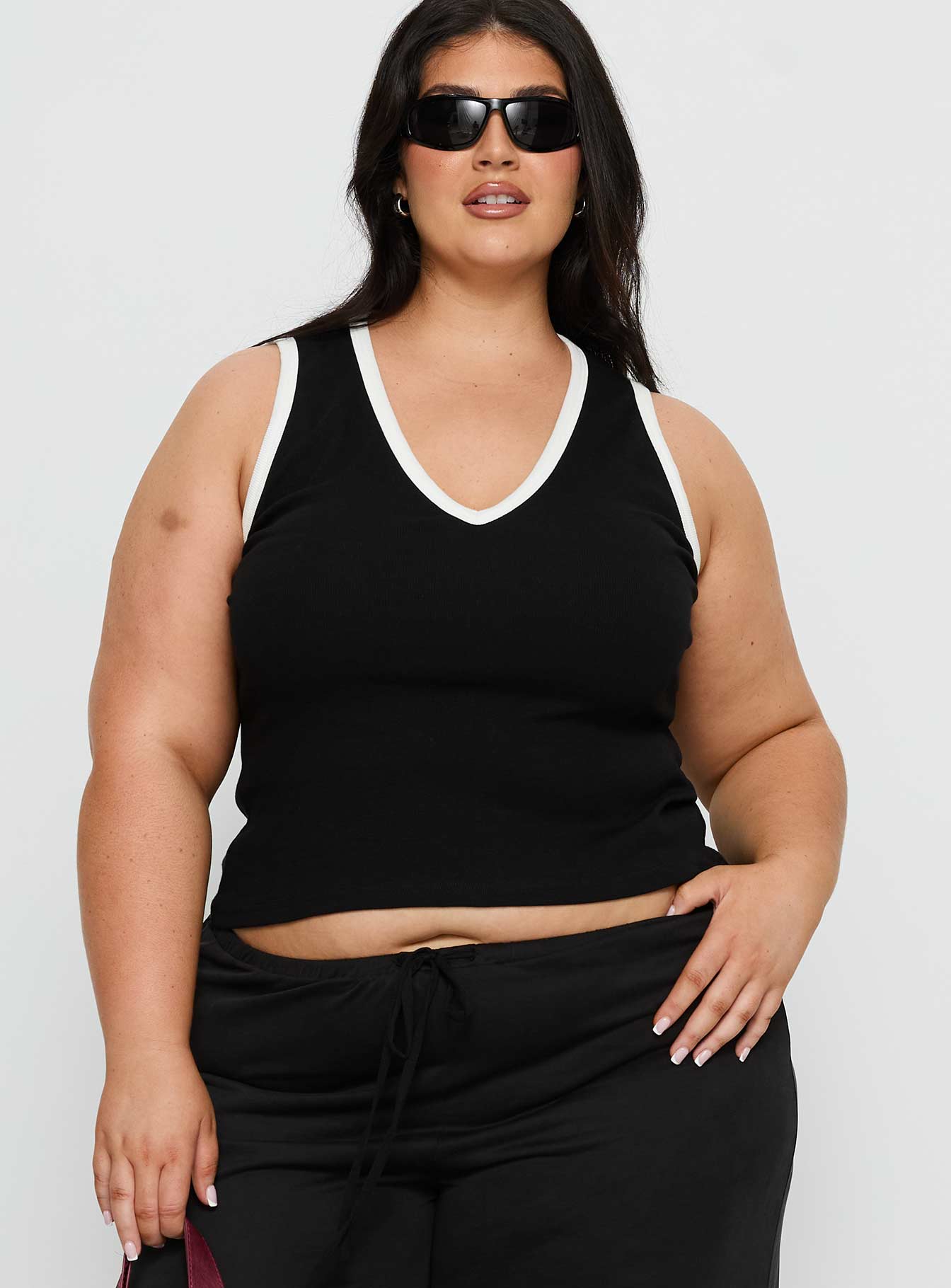 Alternative view of Baseline V Neck Rib Tank Top Black / White Curve