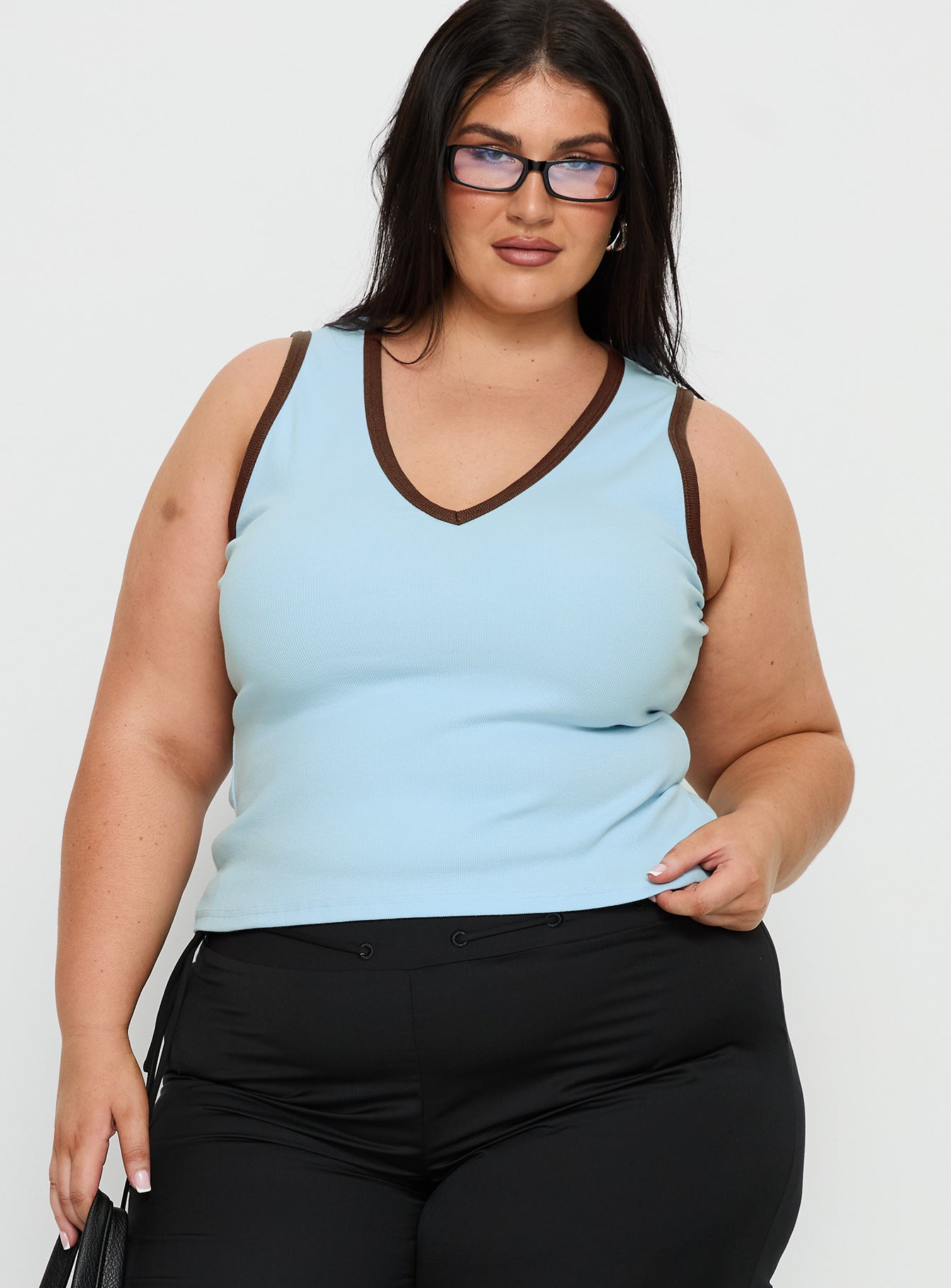 Alternative view of Baseline V Neck Rib Tank Top Blue / Brown Curve