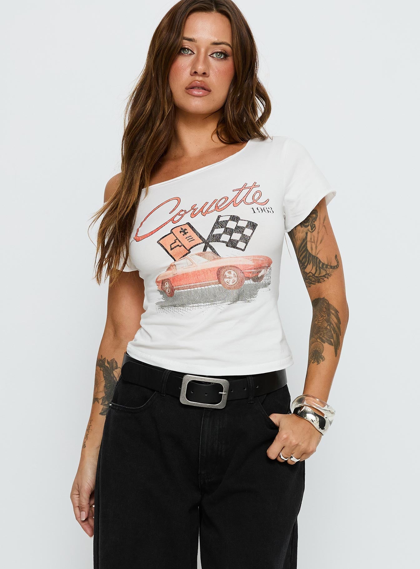 Alternative view of Corvette 1963 Off Shoulder Graphic Top White
