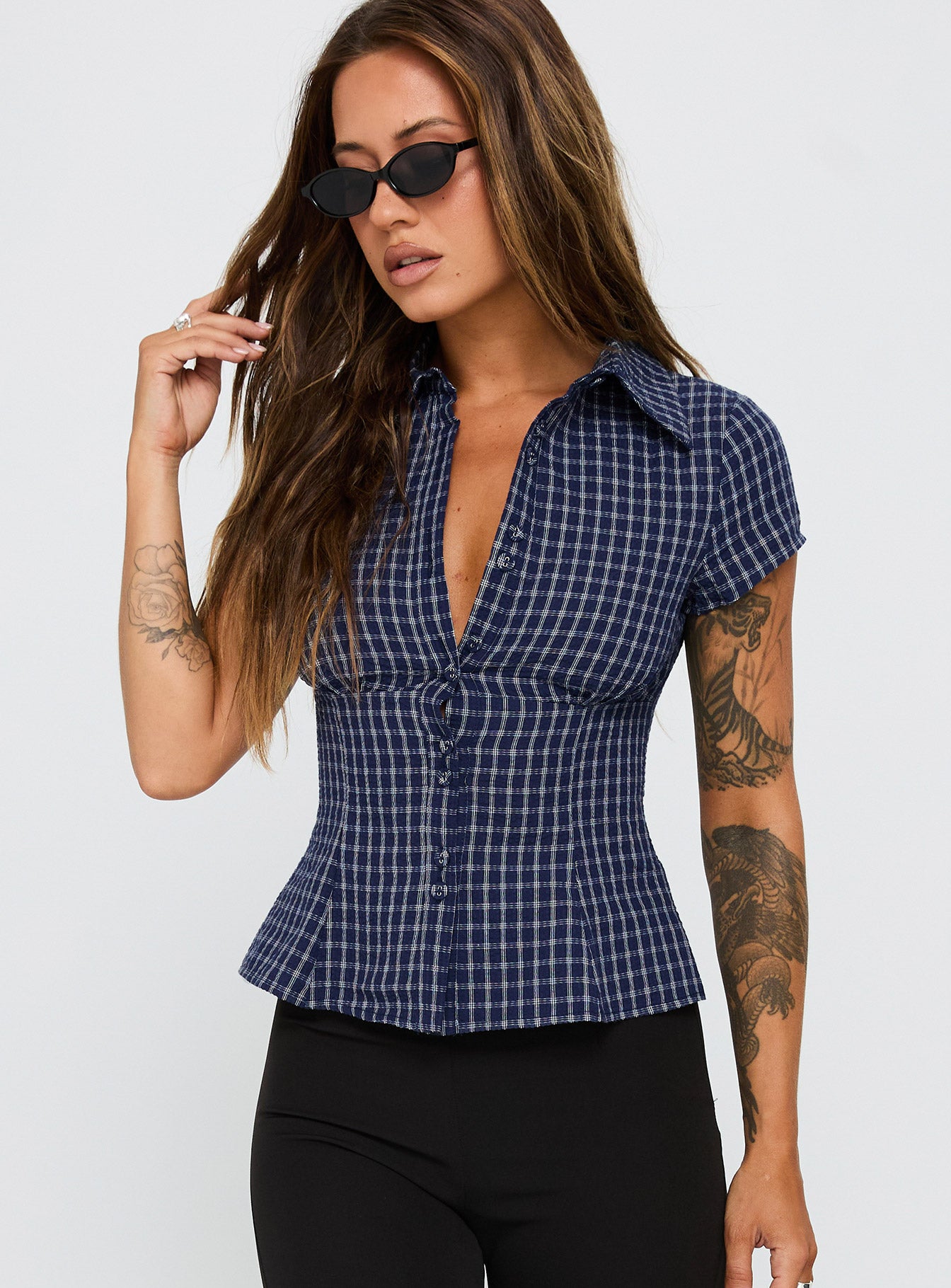 Alternative view of Cottesloe Blouse Top Navy Check