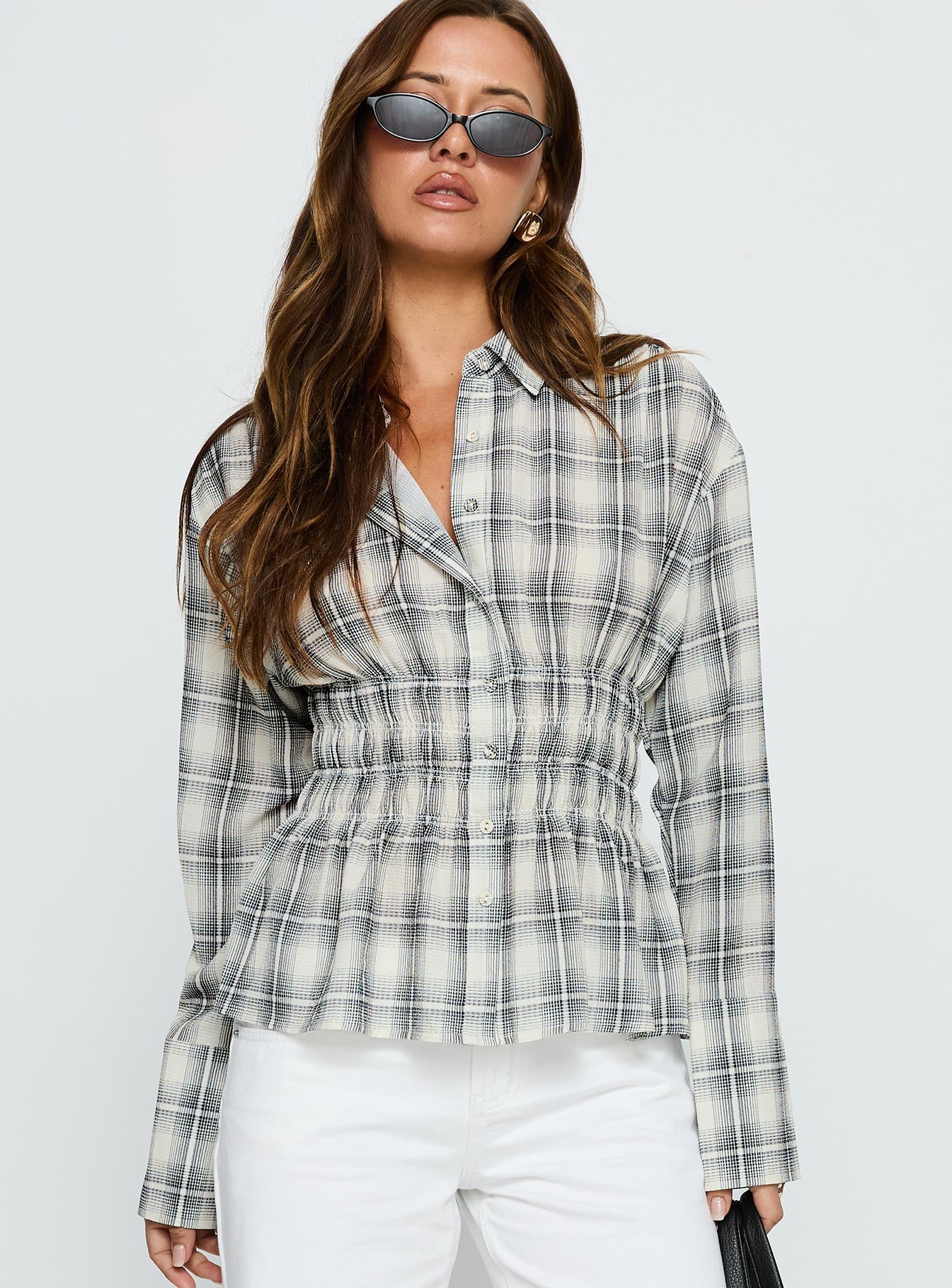 Alternative view of As You Are Shirred Button Up Top Black Check