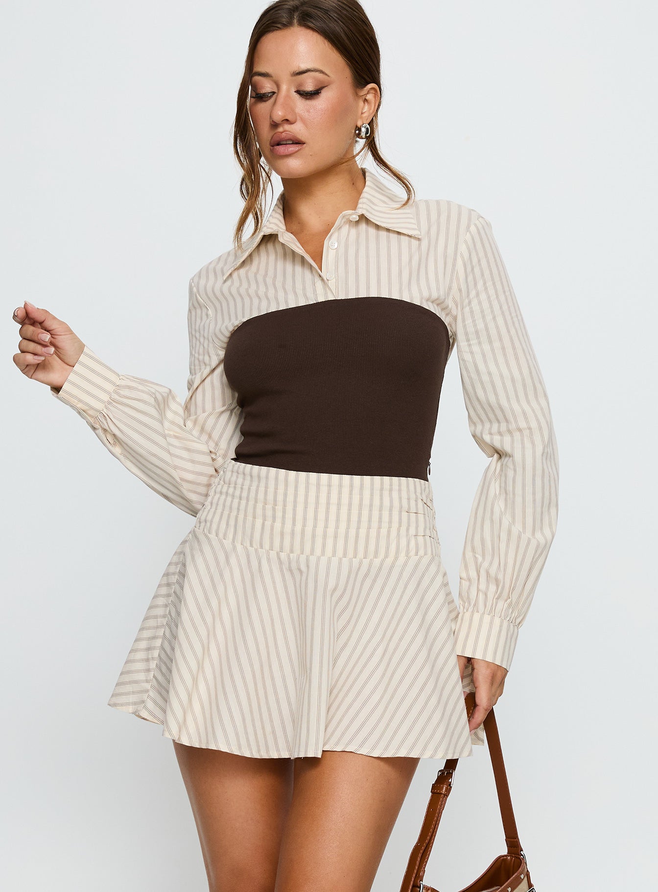 Alternative view of Belva Long Sleeve Corset Shirt Mini Dress Brown Stripe
