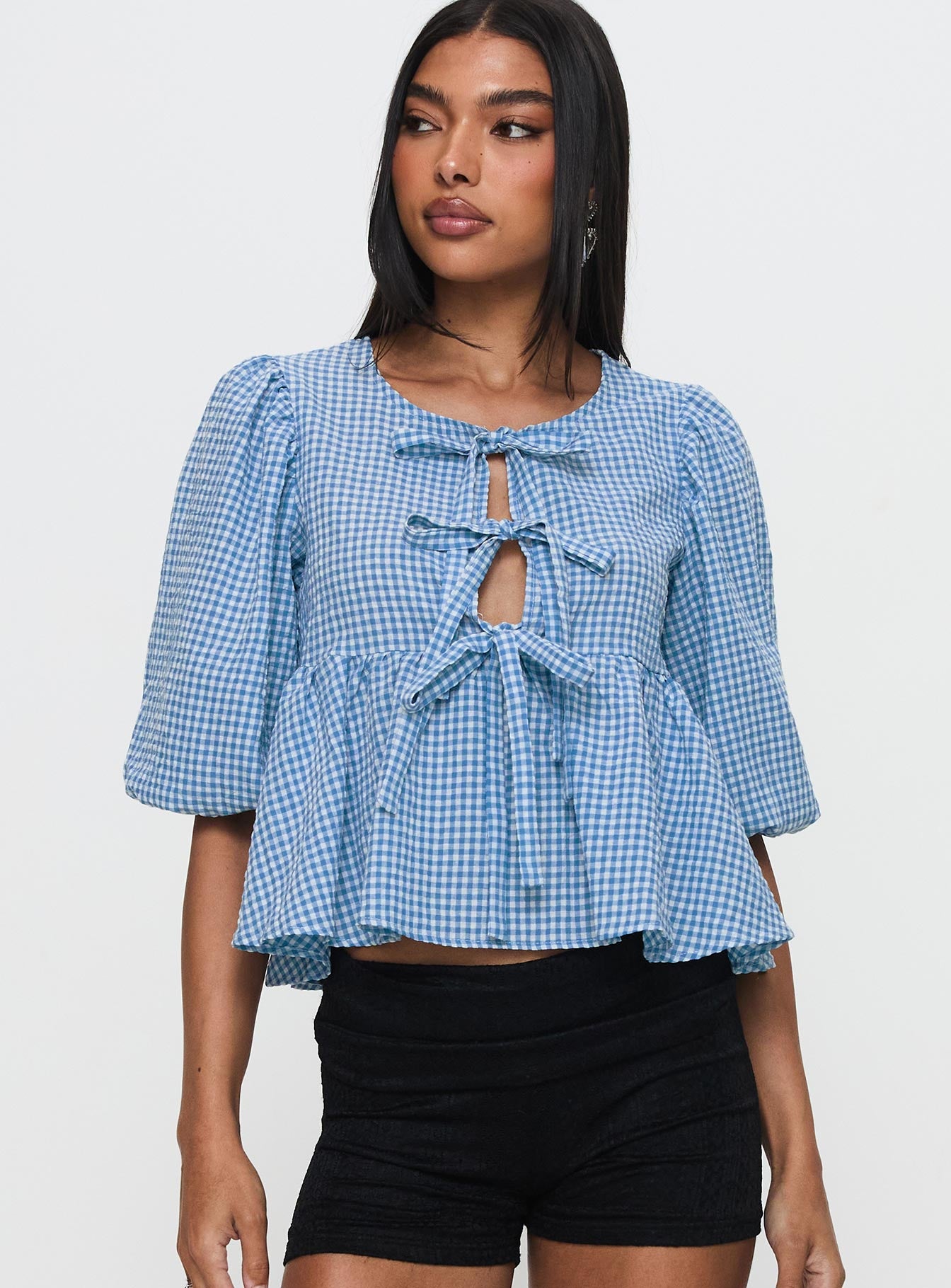 Alternative view of Full House Tie Up Blouse Top Blue Plaid